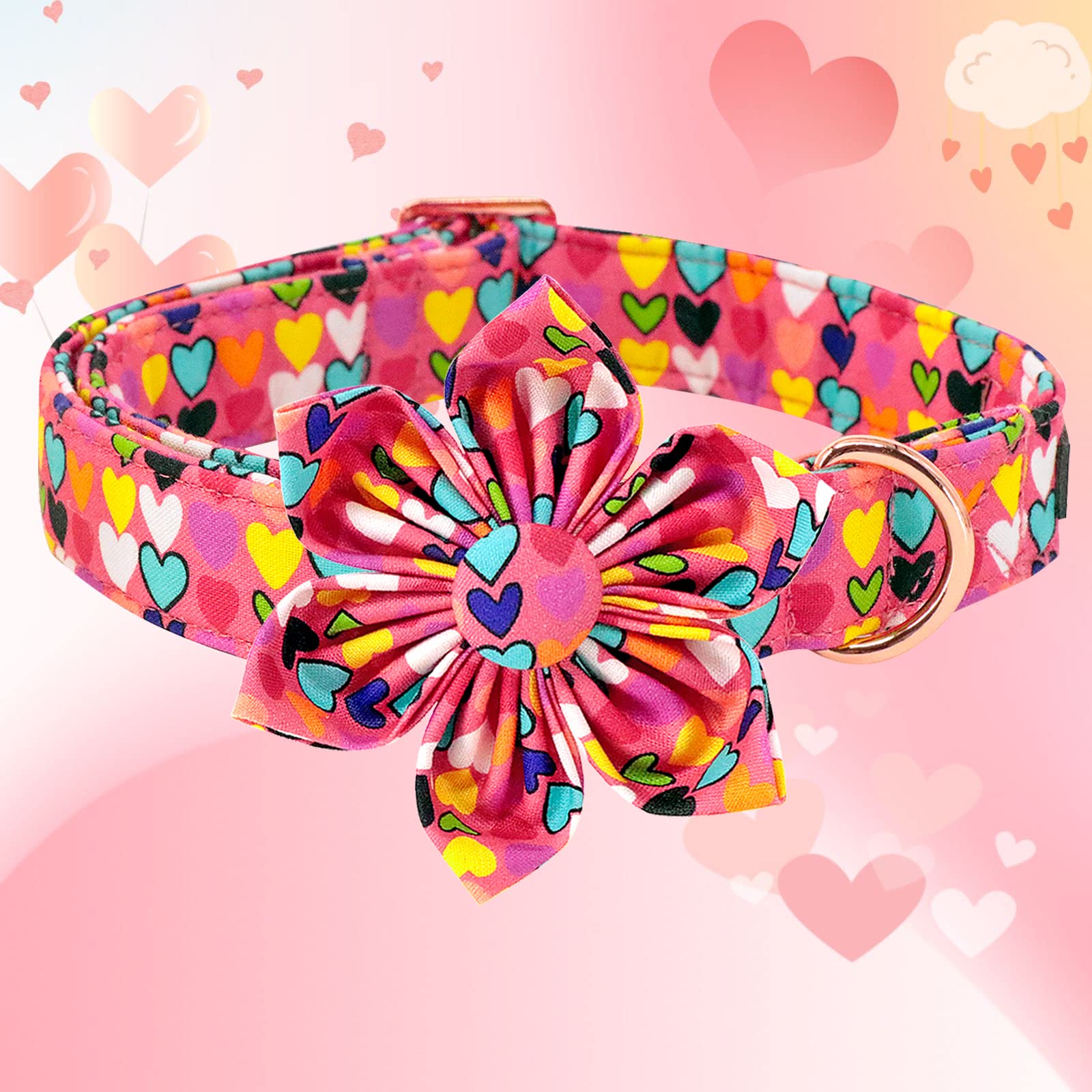 Lionheart Glory Heart Dog Collar, Valentine'S Day Dog Collar With Flower, Cute Floral Pattern Pet Collar Adjustable Dog Collar For Large Dogs