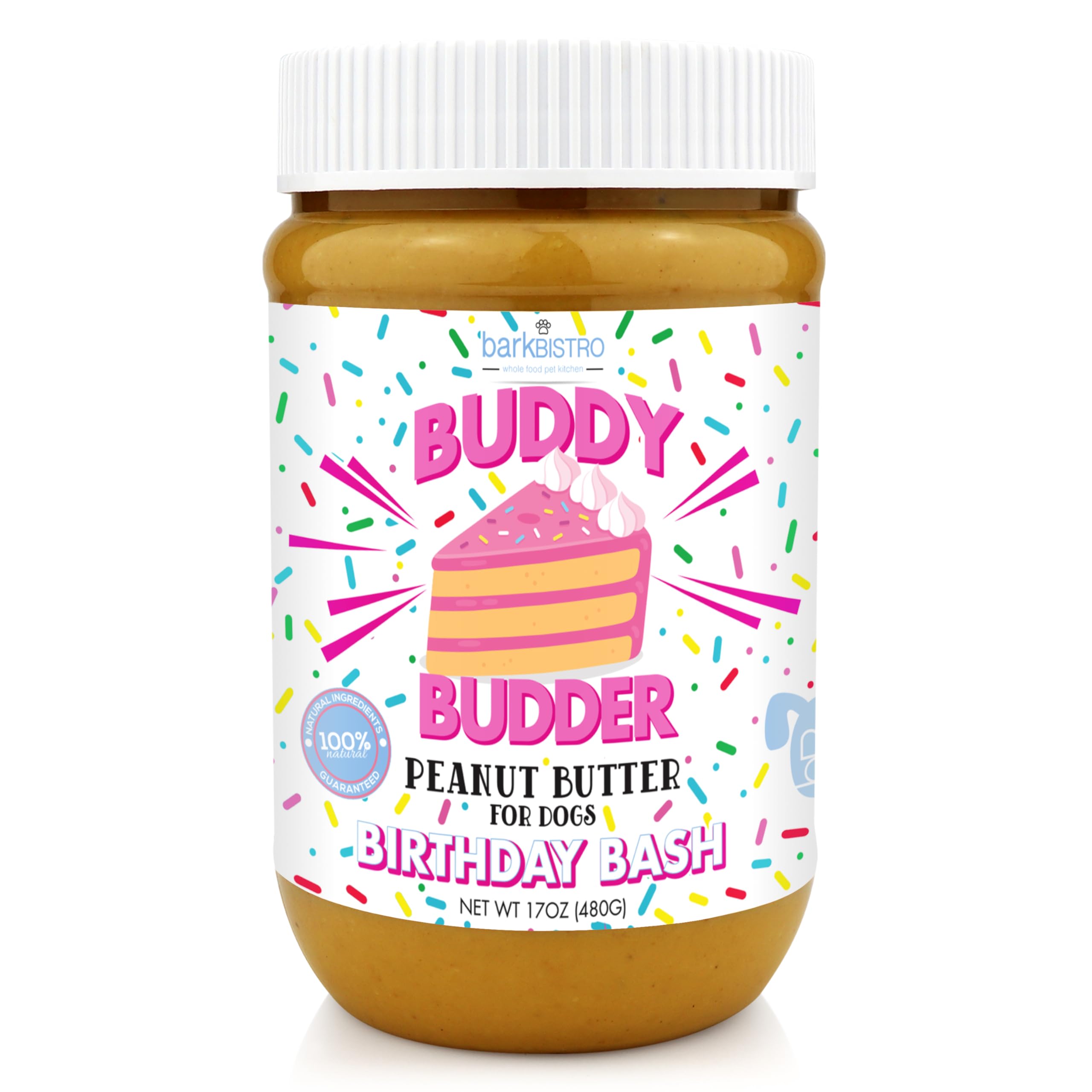BUDDY BUDDER Birthday Bash, 100% Natural Dog Peanut Butter, Healthy Dog Peanut Butter Treat, Made in USA (17oz)