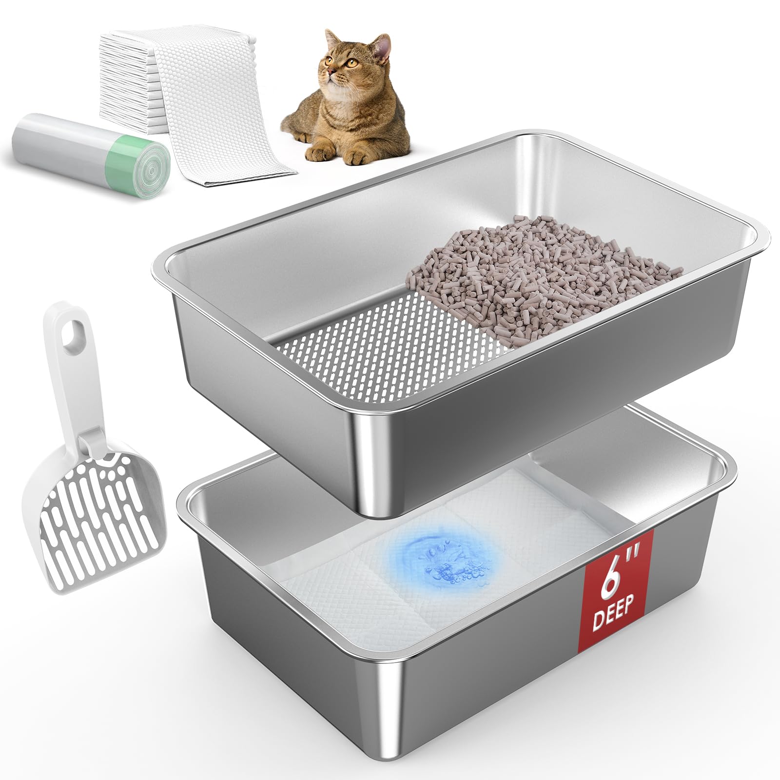 19.7''X13.7''X6'' Stainless Steel Litter Box, Open Top Sifting Litter Box For Pine Pellets, Metal Litter Pan Tray System With Sc