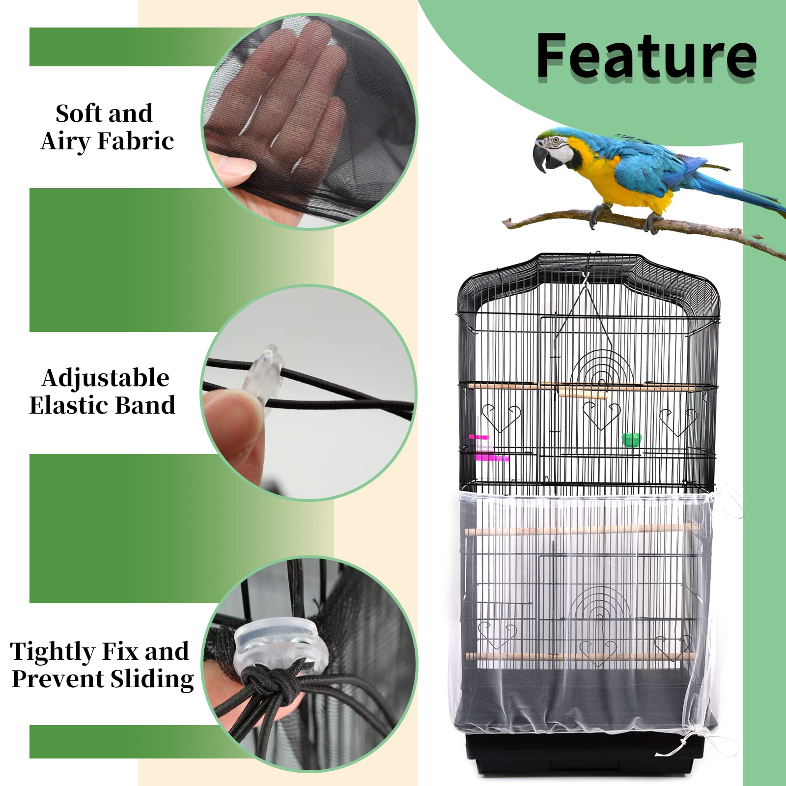 Daoeny 2Pcs Bird Cage Cover, Adjustable Soft Airy Nylon Mesh Parrot Net, Universal Feather Seed Catcher, Birdcage Cover Skirt Sheer Guard For Round Square Bird Cages (White +Black)