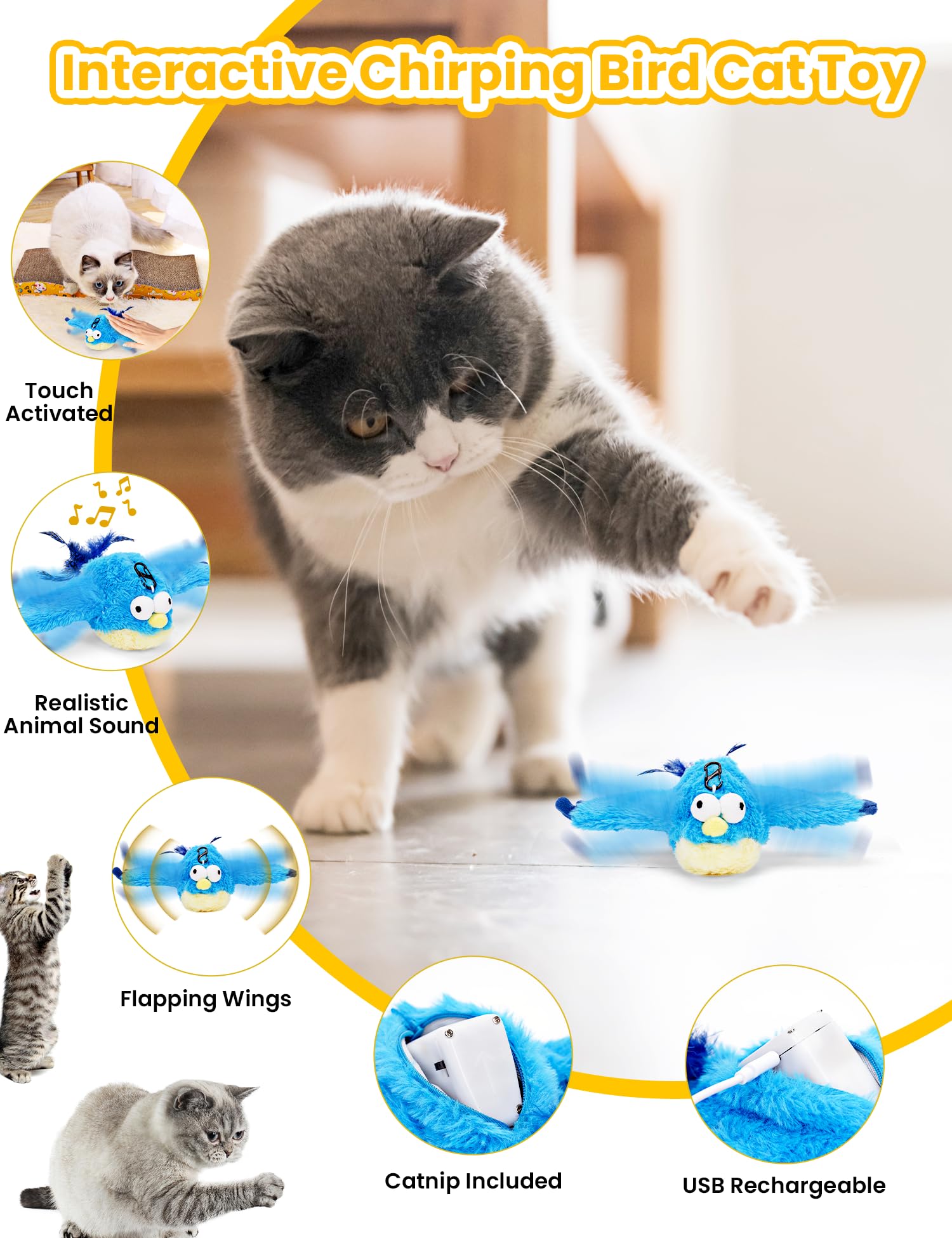 Eisfiel Flapping Bird Cat Toy, No Flying, Chirping Bird Cat Toy Flapping Wings, Interactive Toy For Kitten Or Small Dogs, Touch