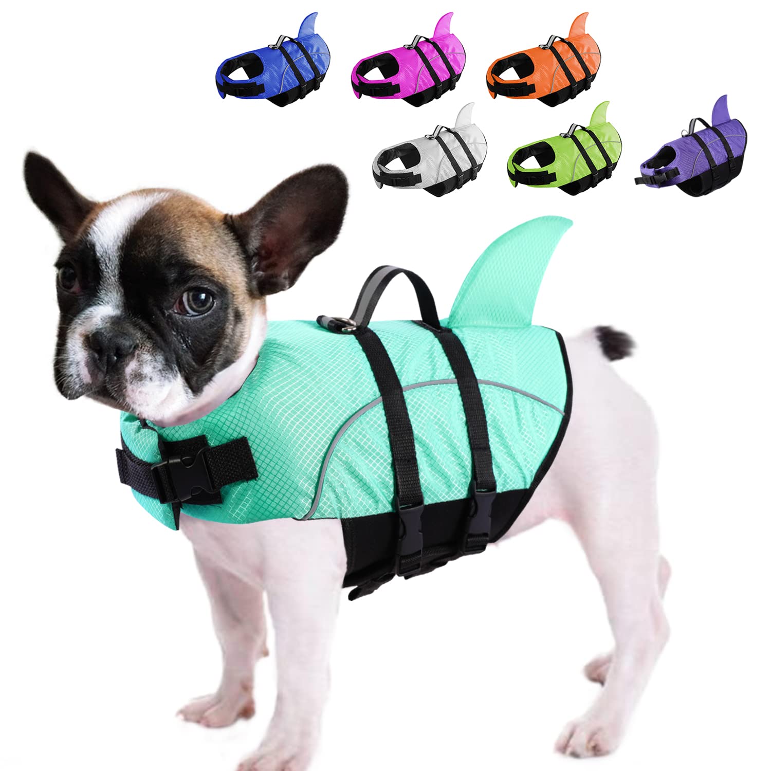 Queenmore Small Dog Shark Life Jacket,Dog Life Vest for Swimming Boating Kayaking,High Buoyancy Puppy Dog Life Preserver,Reflect