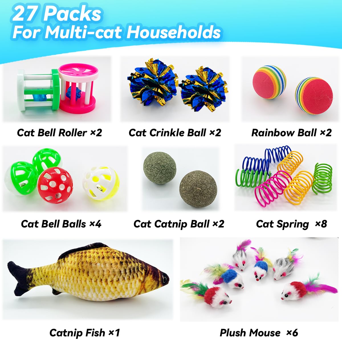 Quvovid Cat Toys 27 Packs Combo Set, Cat Catnip Fish And Ball Toy, Cat Bell Balls Crinkle Balls, Cat Spring Toys, Plush Mices At