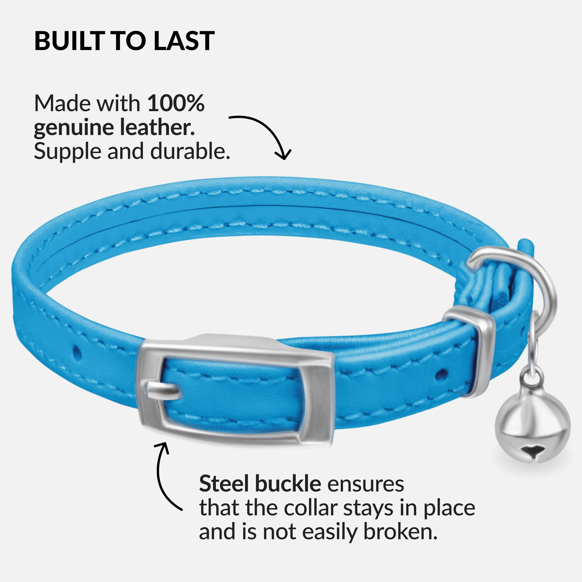 Collardirect Leather Cat Collar With Bell - Kitten Collar, Small And Big Cat Collar For Boy Cats, Girl Cats With Safety Elastic Strap (Neck Fit 8'-11', Light Blue)