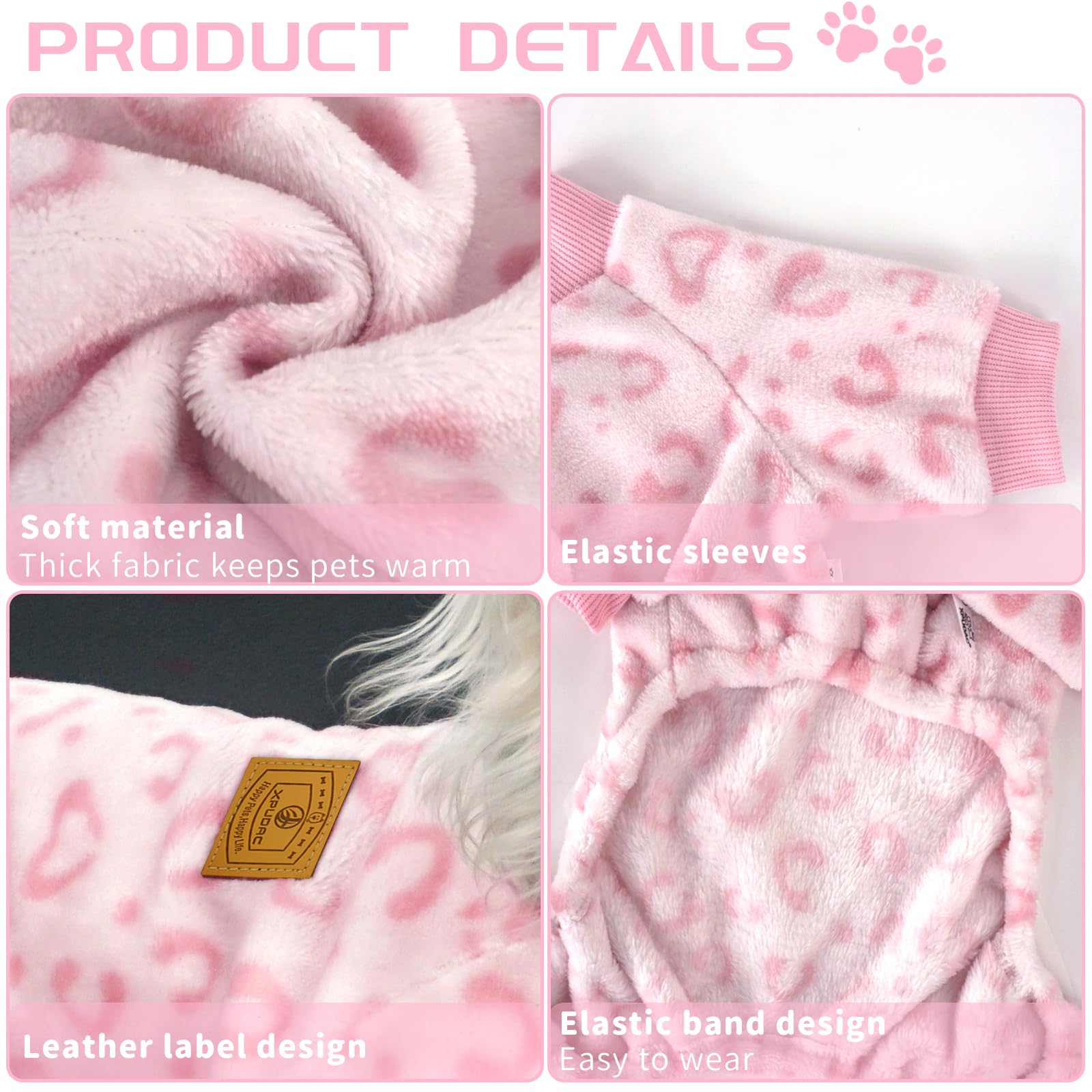 XPUDAC Dog Sweater Leopard Fleece Dog Pajamas for Small Medium Dogs Girl Soft Warm Pet Winter Clothes for Winter Christmas(Pink,