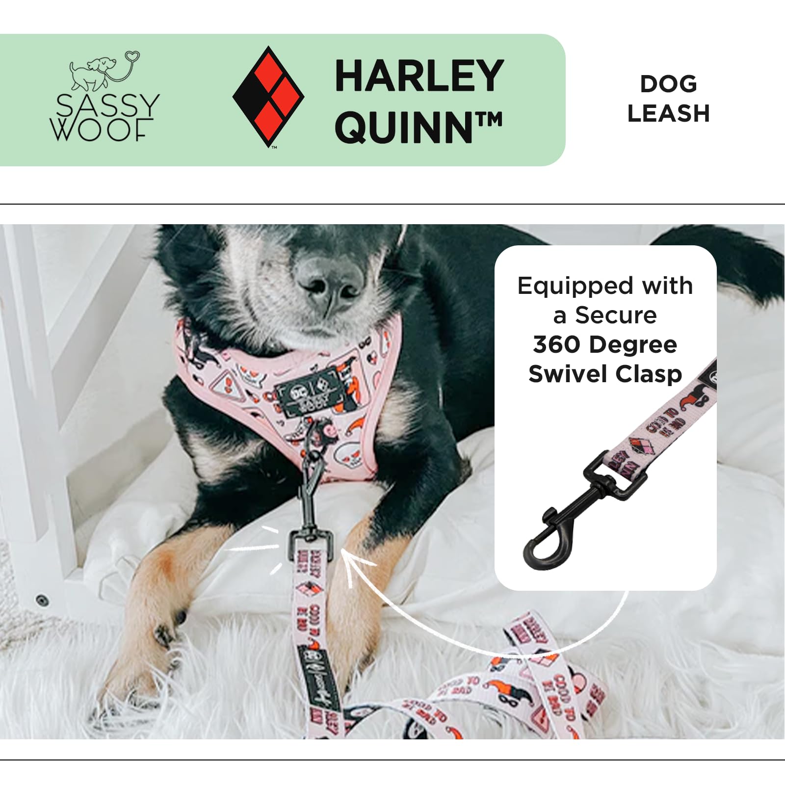 Sassy Woof Harley Quinn Dog Leash 60-Inch With Neoprene Padded Handle - Comfortable, Durable, And Stylish For Small To Large Dog