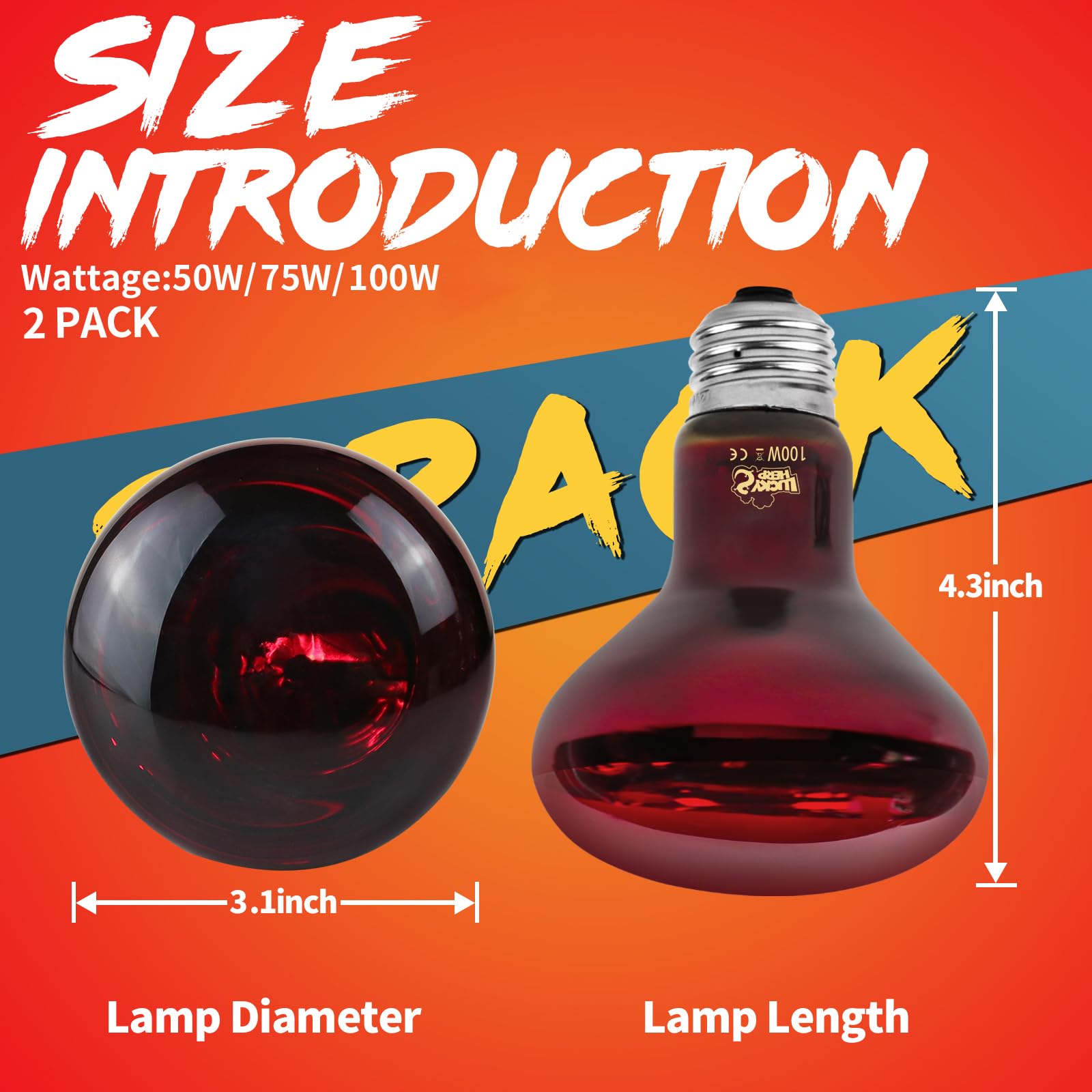LUCKY HERP Infrared Heat Lamp 100W 2 Pack,Reptile & Amphibian Basking Spot Light Bulbs, Red Heat Lamp Bulbs for Reptiles, Bearde