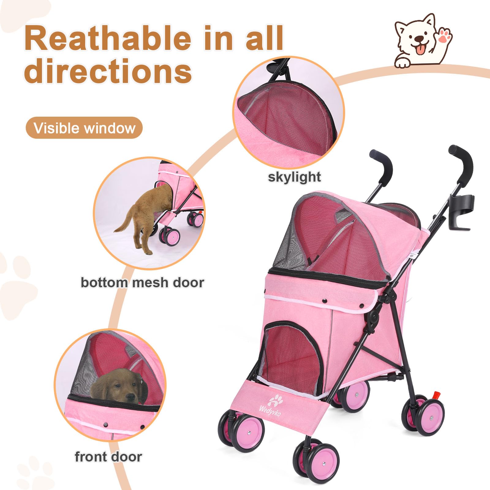 Umbrella Dog Stroller, 4 Wheels Pet Strolling, Foldable Carrier Pet Stroller for Small Dogs Cats, with Carrying Strap and Cup Ho