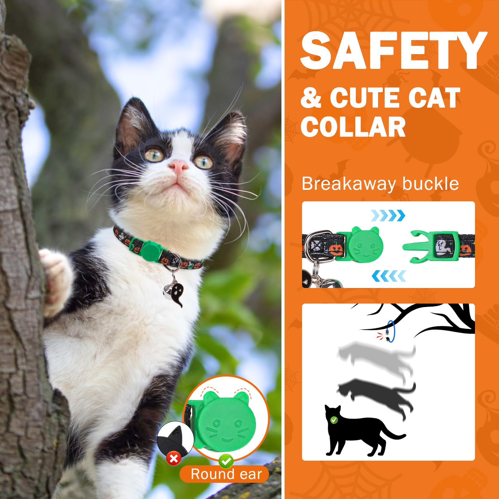 Scenereal Cat Collar Breakaway Halloween Theme 3 Pack, Safety Collars, Pet Accessory For Outdoor And House Cats Kittens, White B