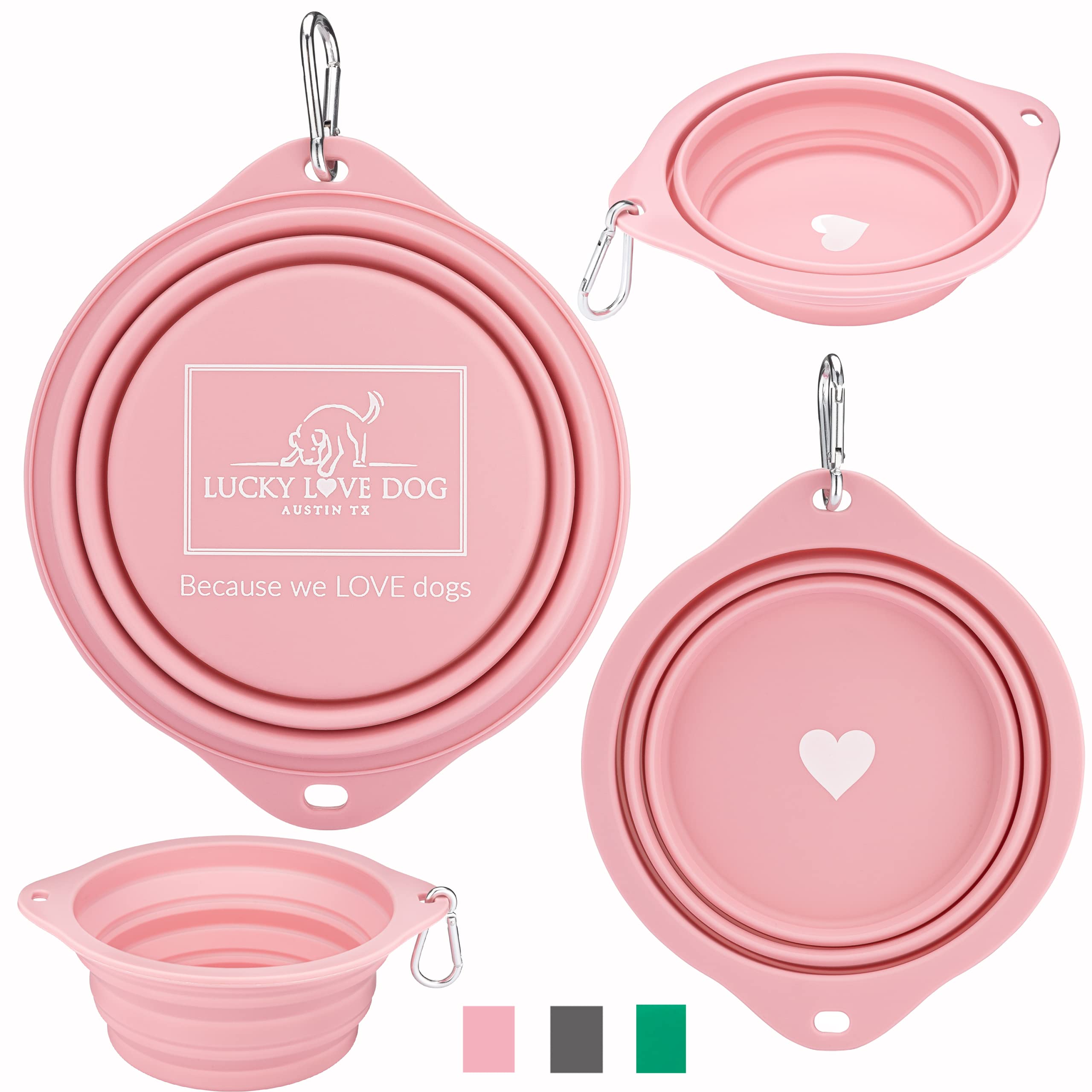 Lucky Love Dog Travel Dog Bowl, Collapsible Compact Water Dog Dish, Rose