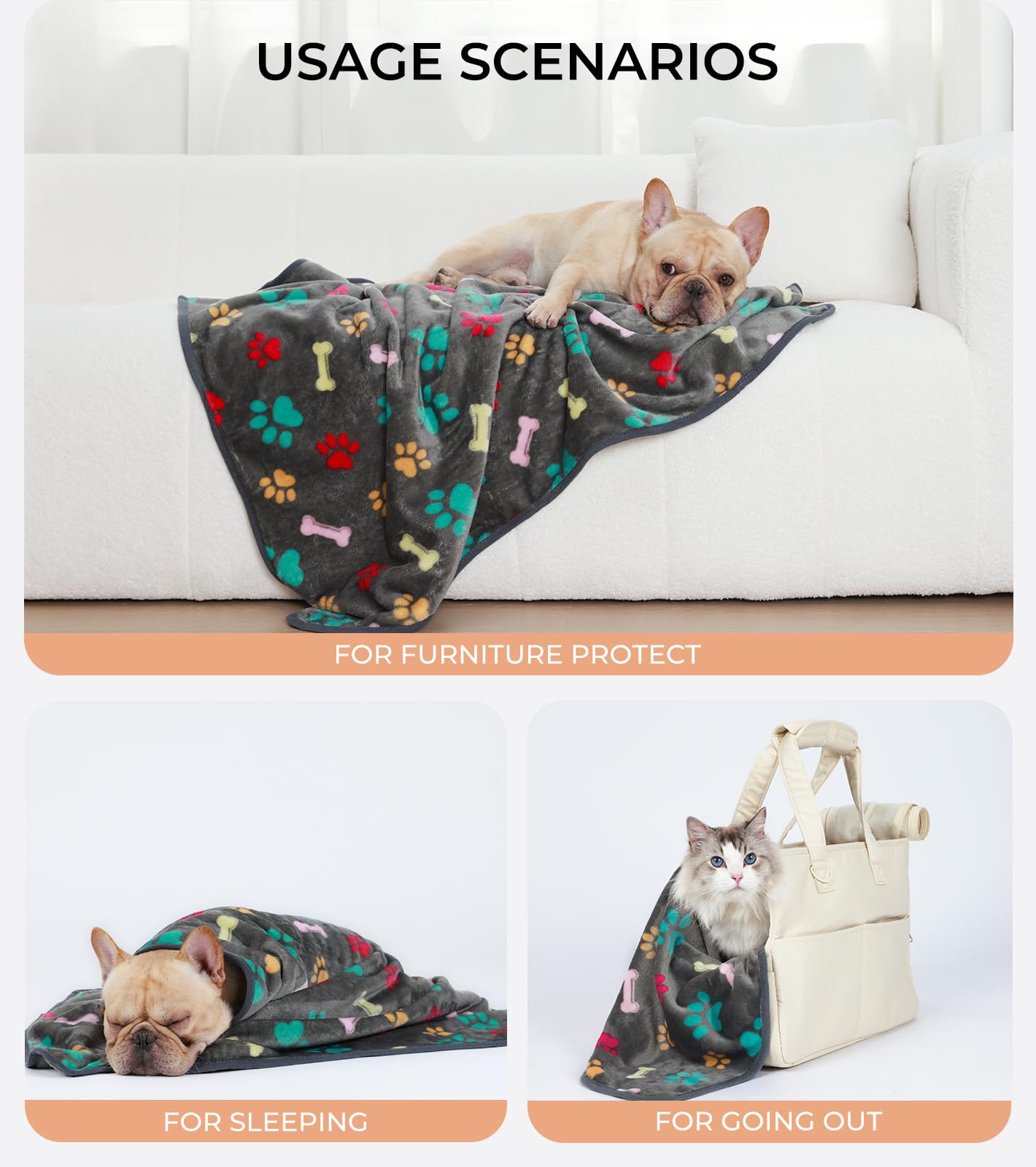 1 Pack 6 Blankets Dog Cat Soft Fluffy Fleece Pet Blanket Warm Cute Print Design Puppy Kitten Blanket Doggy Bone Small(23X16)