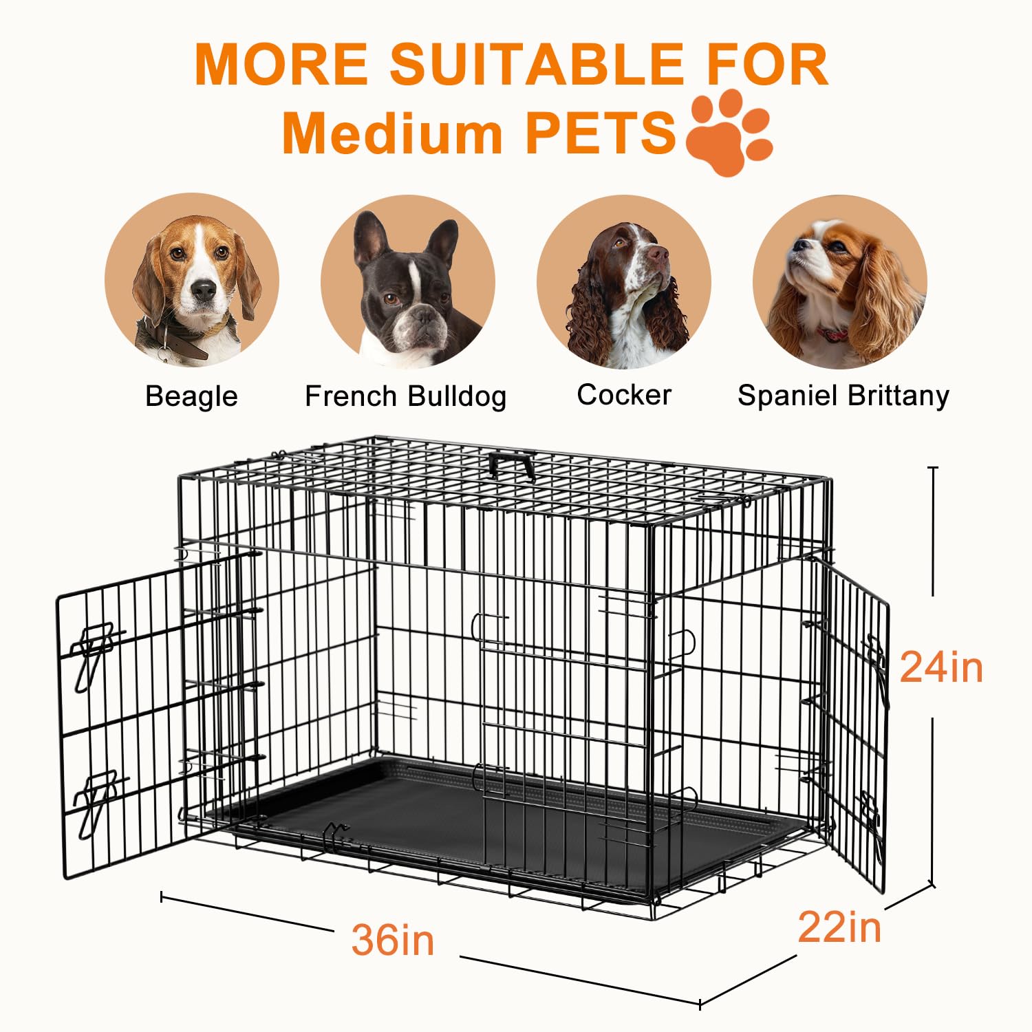 FDW Dog Crate 36inch Dog Cage Foldable Metal Kennel with Leakproof Tray Foldable Design Indoor Outdoor Use for Medium Dogs,Black