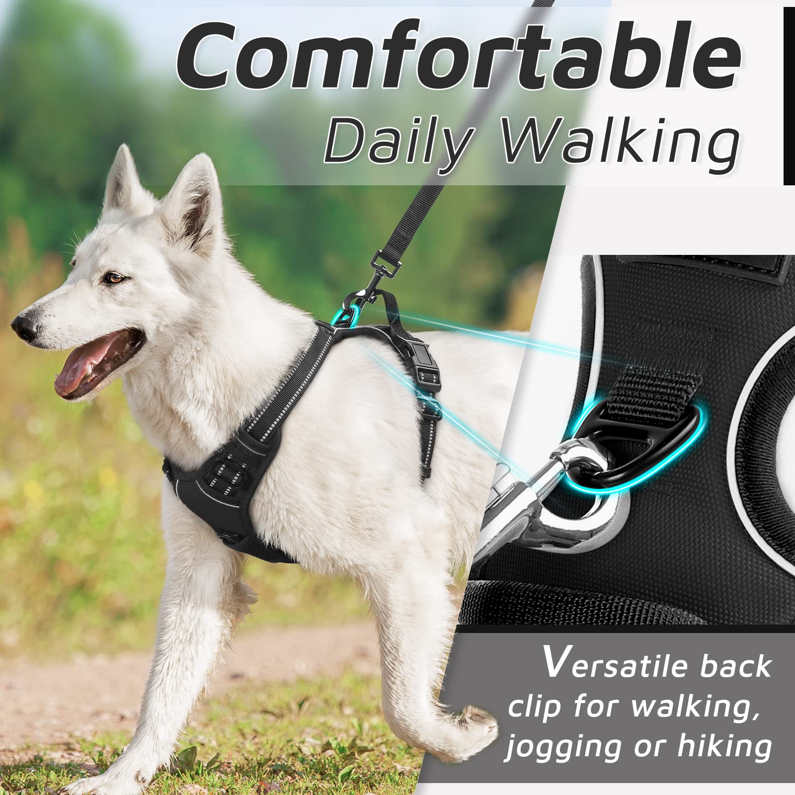 Eagloo Dog Harness Medium Sized Dog, No Pull Service Vest With Reflective Strips And Control Handle, Adjustable And Comfortable For Easy Walking, No Choke Pet Harness With 2 Metal Rings, Black, M