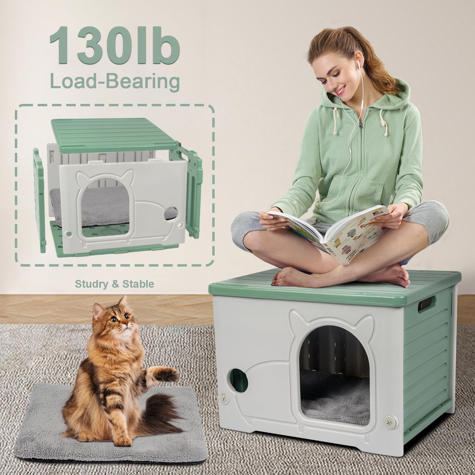 Plastic Cat House For Indoor Outdoor, Weatherproof Outside Cat House For Feral Cat, Stackable Cat Shelter With Plush Cushion (Gr