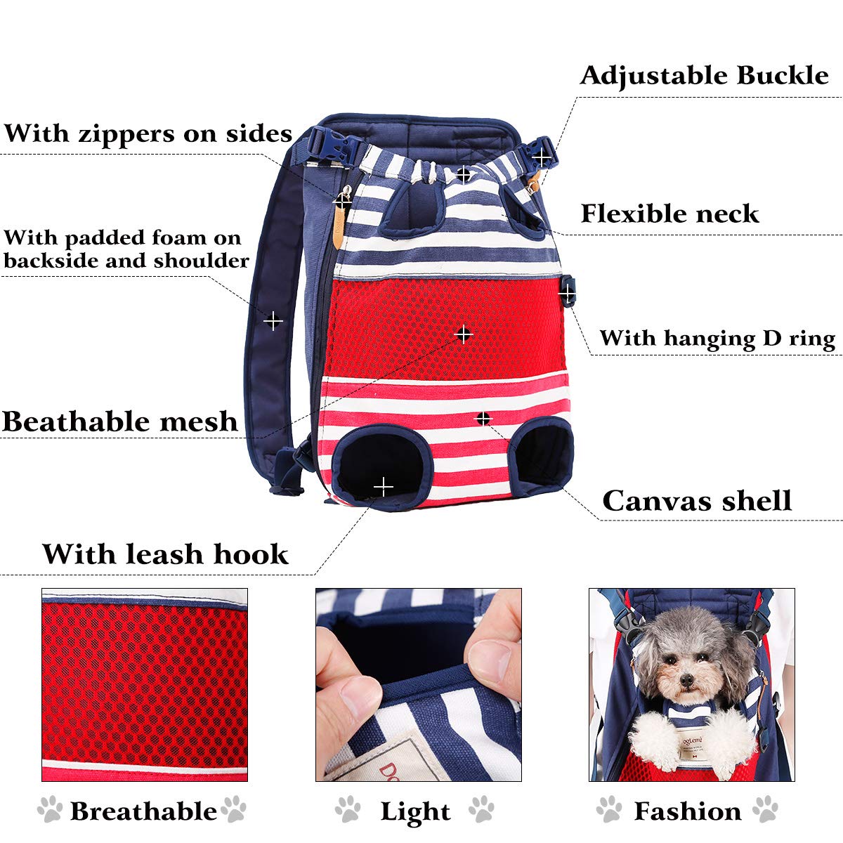 Lifeunion Legs Out Dog Carrier Backpack Hands-Free Adjustable Pet Travel Carrier For Small Medium Dogs Cats Motorcycle Hiking Walking (Red And Blue Stripes)