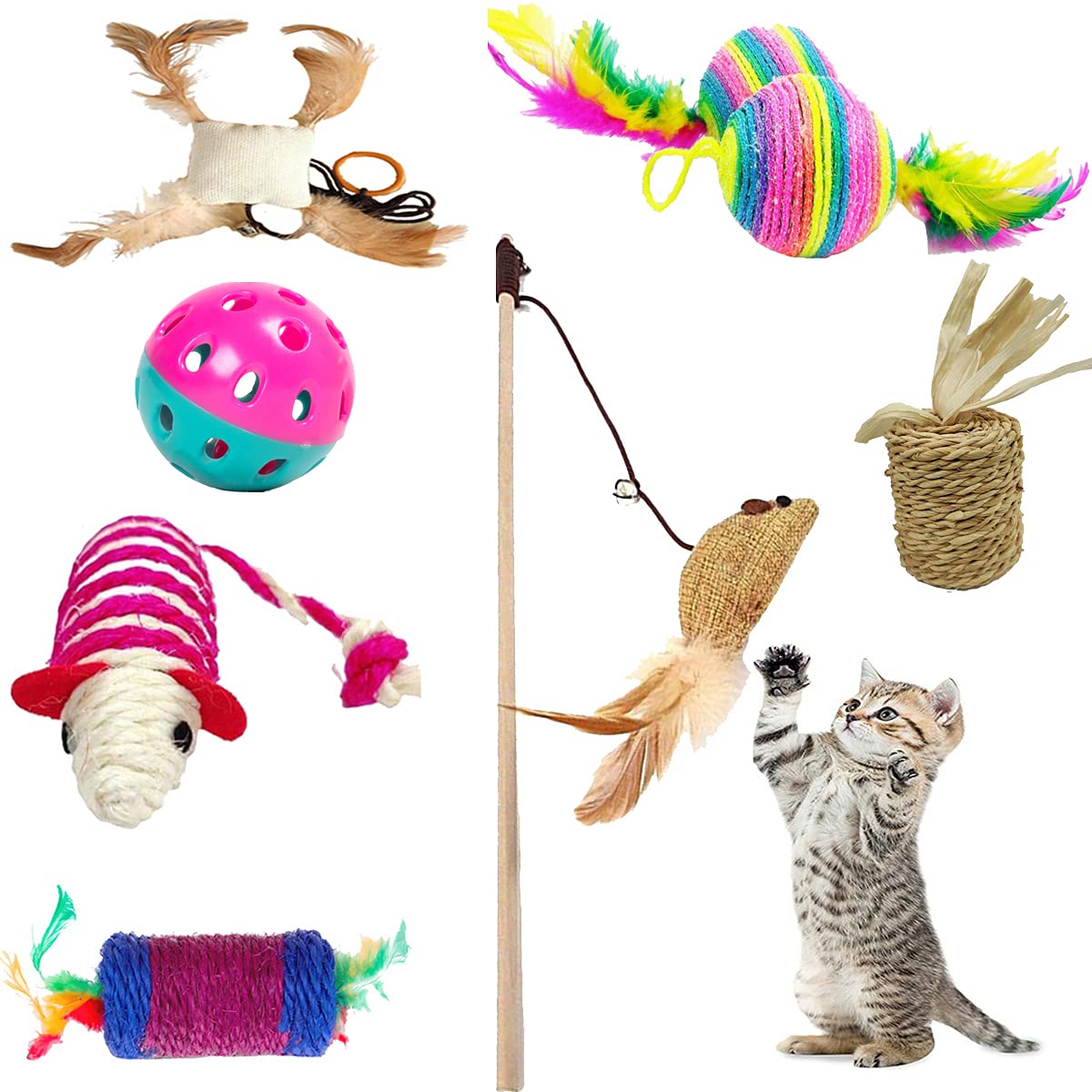 Blackdog 7 In 1 Cat Toys For Kittens Premium Combo  Mouse Stick, Rope With Feather Round Balls, Sisal Rope Mouse, Scratch Carro