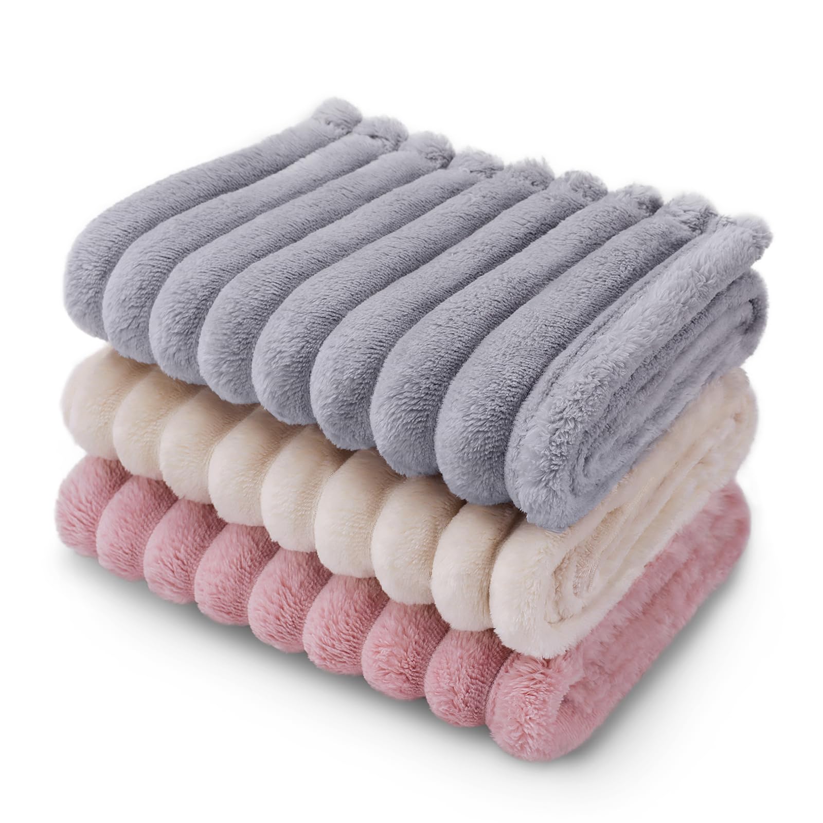 Linenlux 1 Pack 3 Soft Fleece Dog Blanket For Pet Washable Warm Cat Puppy Fluffy Calming Flannel Beige/Pink/Grey Large