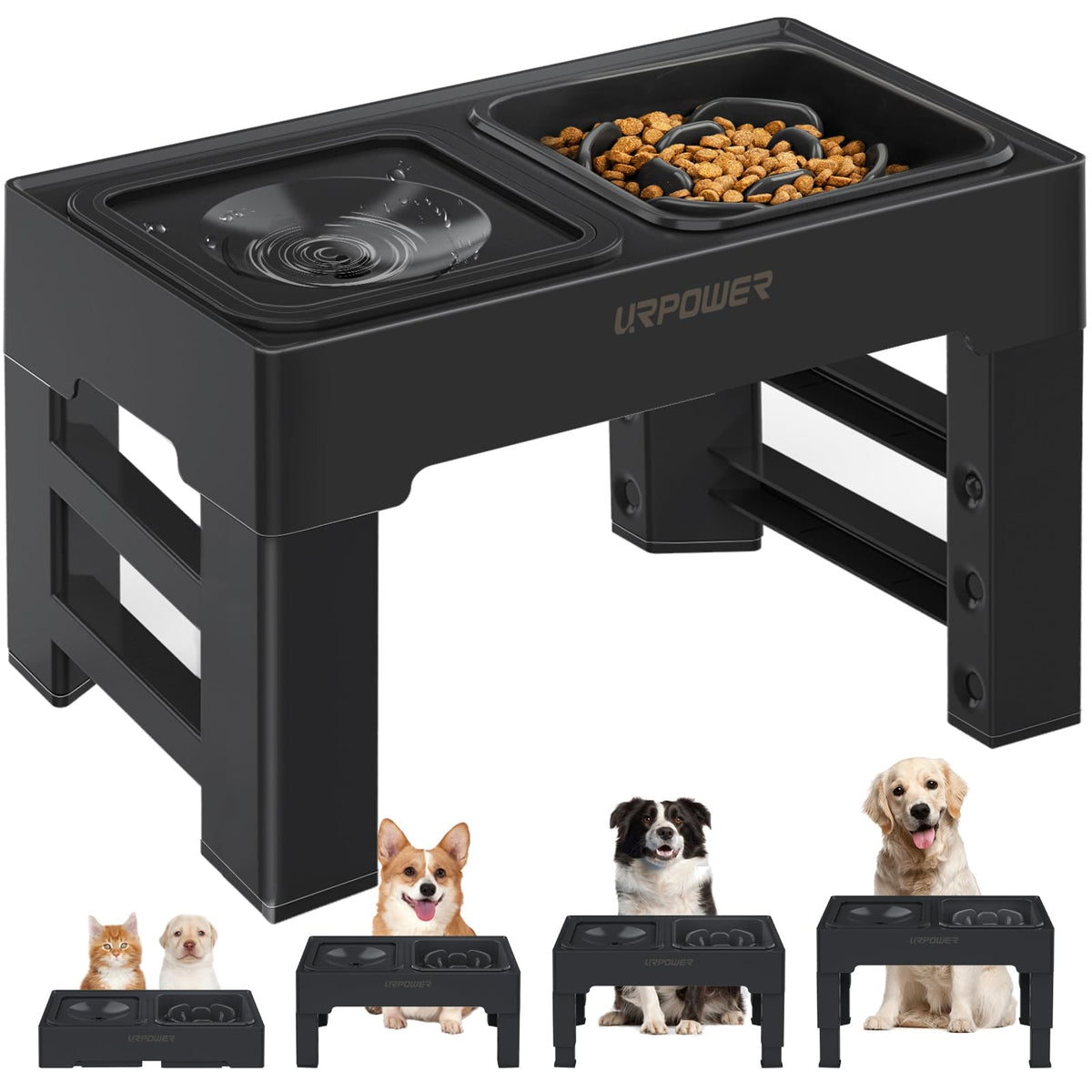 Urpower 2-In-1 Elevated Slow Feeder Dog Bowls With No Spill Dog Water Bowl 4 Height Adjustable Raised Dog Bowl Non-Slip Dog Food And Water Bowls With Stand For Small Medium Large Dogs, Cats And Pets