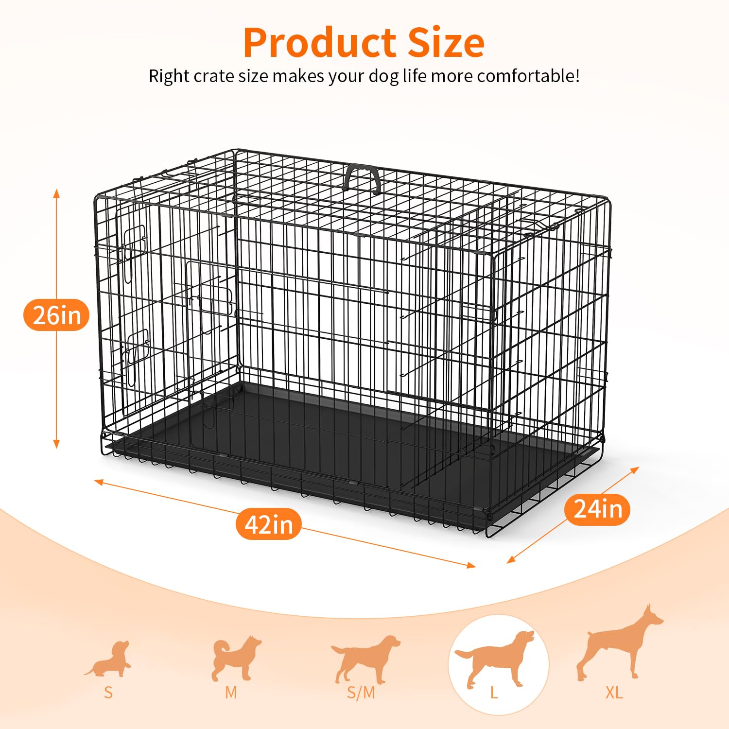 FDW Dog Crate 42-Inch Dog Cage Single Door Foldable Metal Kennel with Leakproof Tray Foldable Design Indoor Outdoor Use for Larg