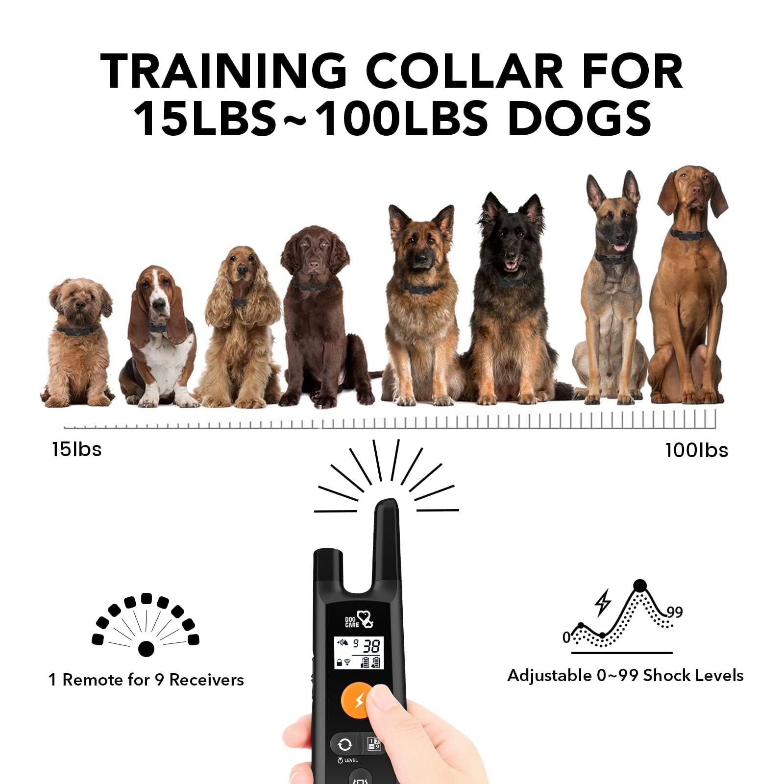 DOG CARE Dog Training Collar with Remote - 1800FT Rechargeable Shock Collar for All Dogs, Beep/Vibration Modes, Rainproof, Black