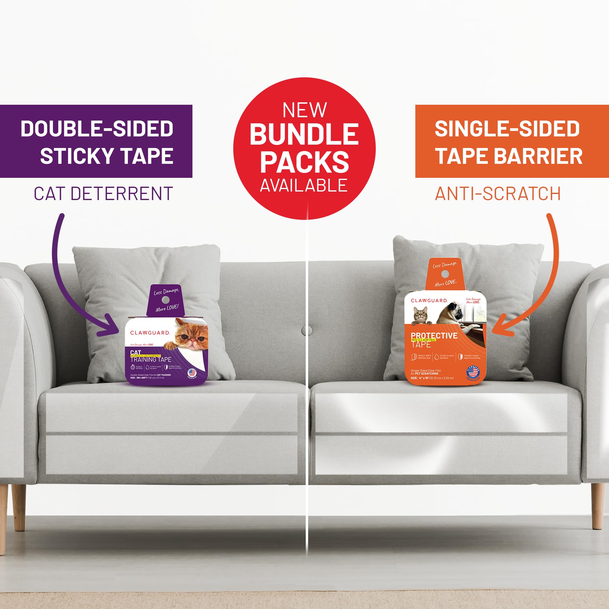 CLAWGUARD Bundle Pack - Dog Scratch Protection Tape Single Sided XL Roll and Cat Training Tape Anti Scratch Deterrent Double Sid