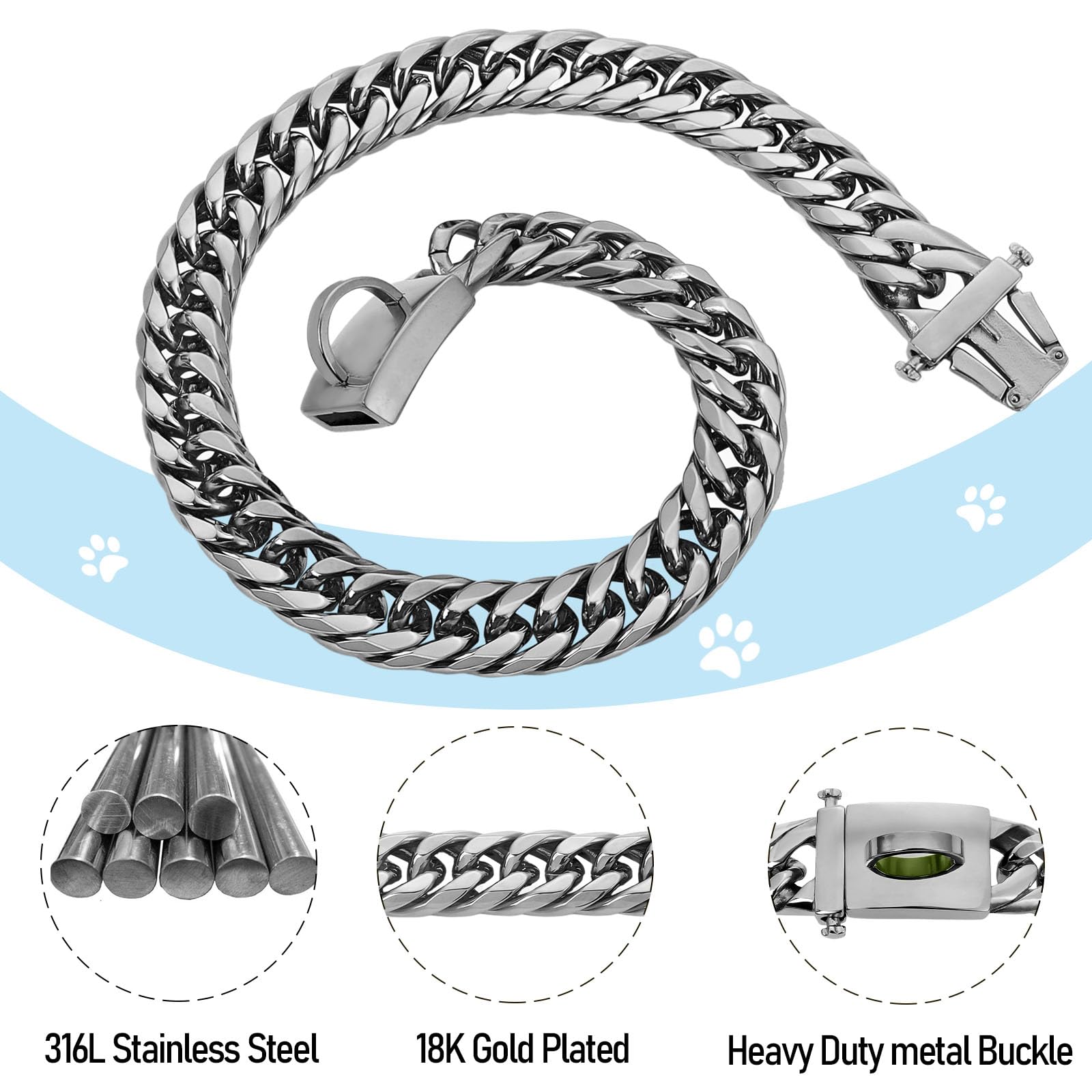 Baobote Silver Chain Dog Collar,16Mm 18K Silver Heavy Duty Cuban Link Collar With Secure Snap Buckle Silver Dog Chain Metal Coll