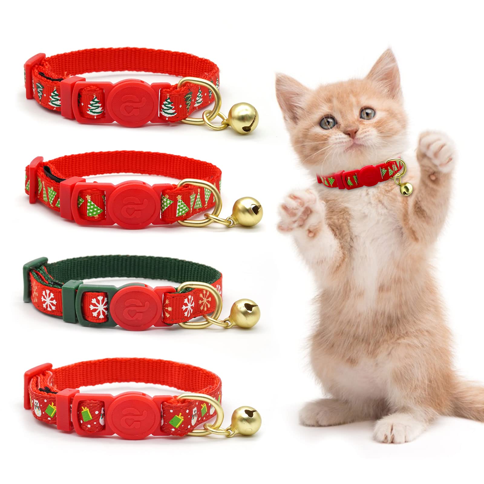 azuza 4 Pack Christmas Kitten Collar Set Adjustable Breakaway Kitten Collars with Bells New Year Pet Collar with Cute Design, Gr