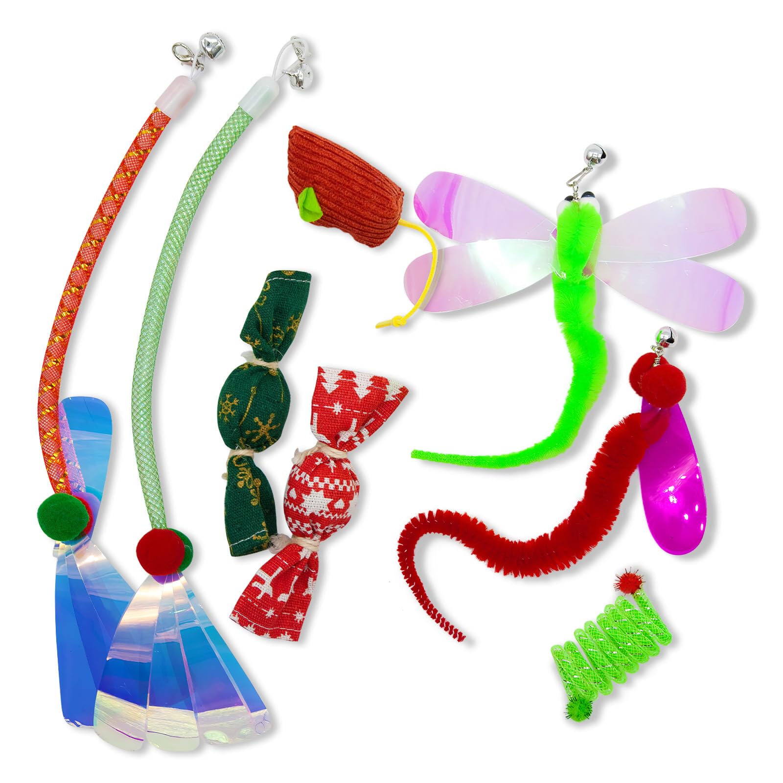 Cat Toy Box For Indoor Cats - 8 Pcs In 1 Pack, Including 2 Cat Wand Replacement Toys, 2 Catnip Kicker Red/Green, 1 Mouse Toy, 1 