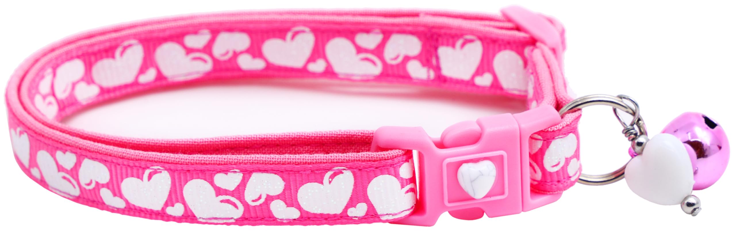 Valentines Day Cat Collar With Bell | Safety Breakaway Collar | Adjustable Large Size Or Kitten Collar (Puffy Hearts On Bright P