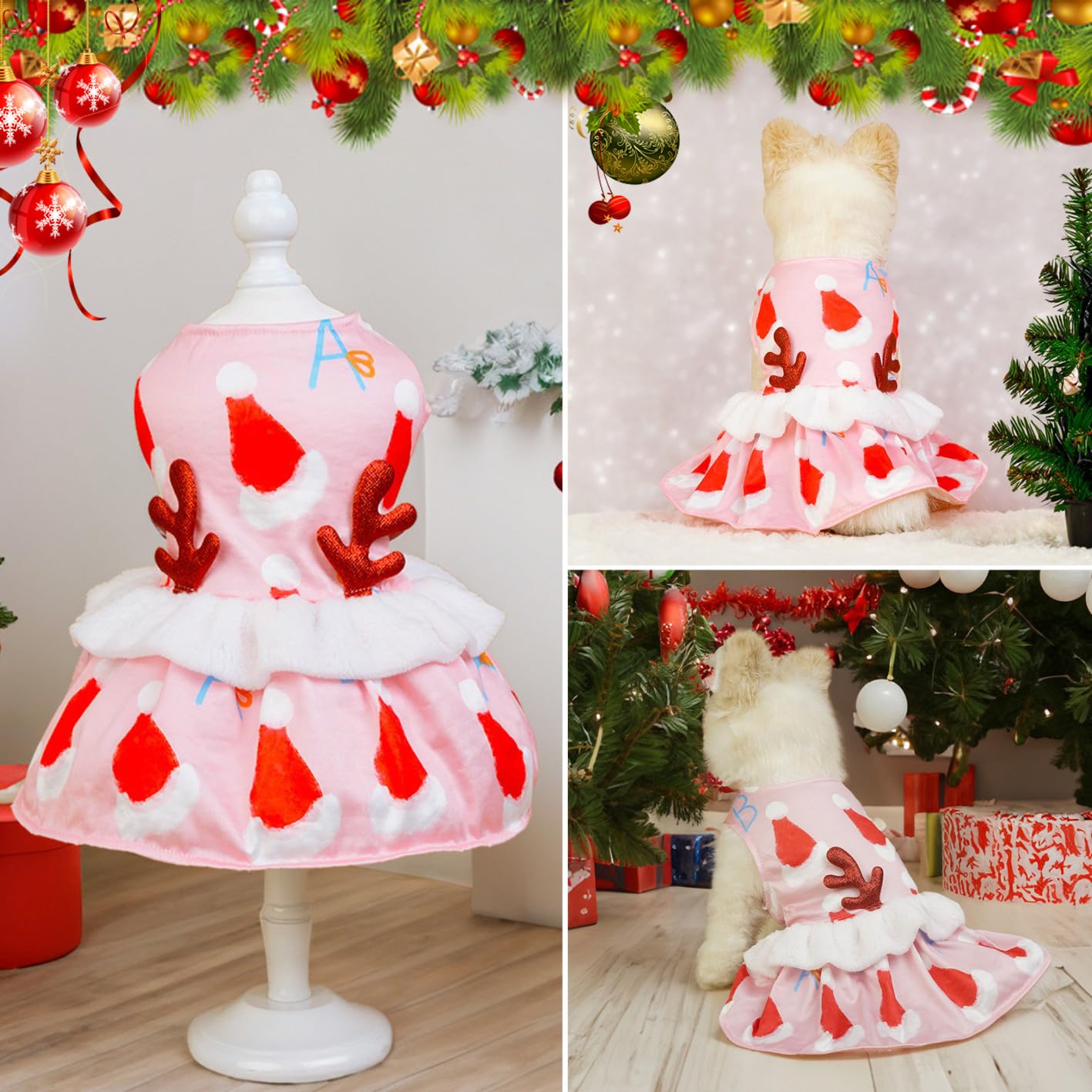 Otunrues Dog Dress With Elk Antlers In Velvet - Girl Dog / Cat Christmas, Holiday, Party Dress - Lightweight, Pink, Xl