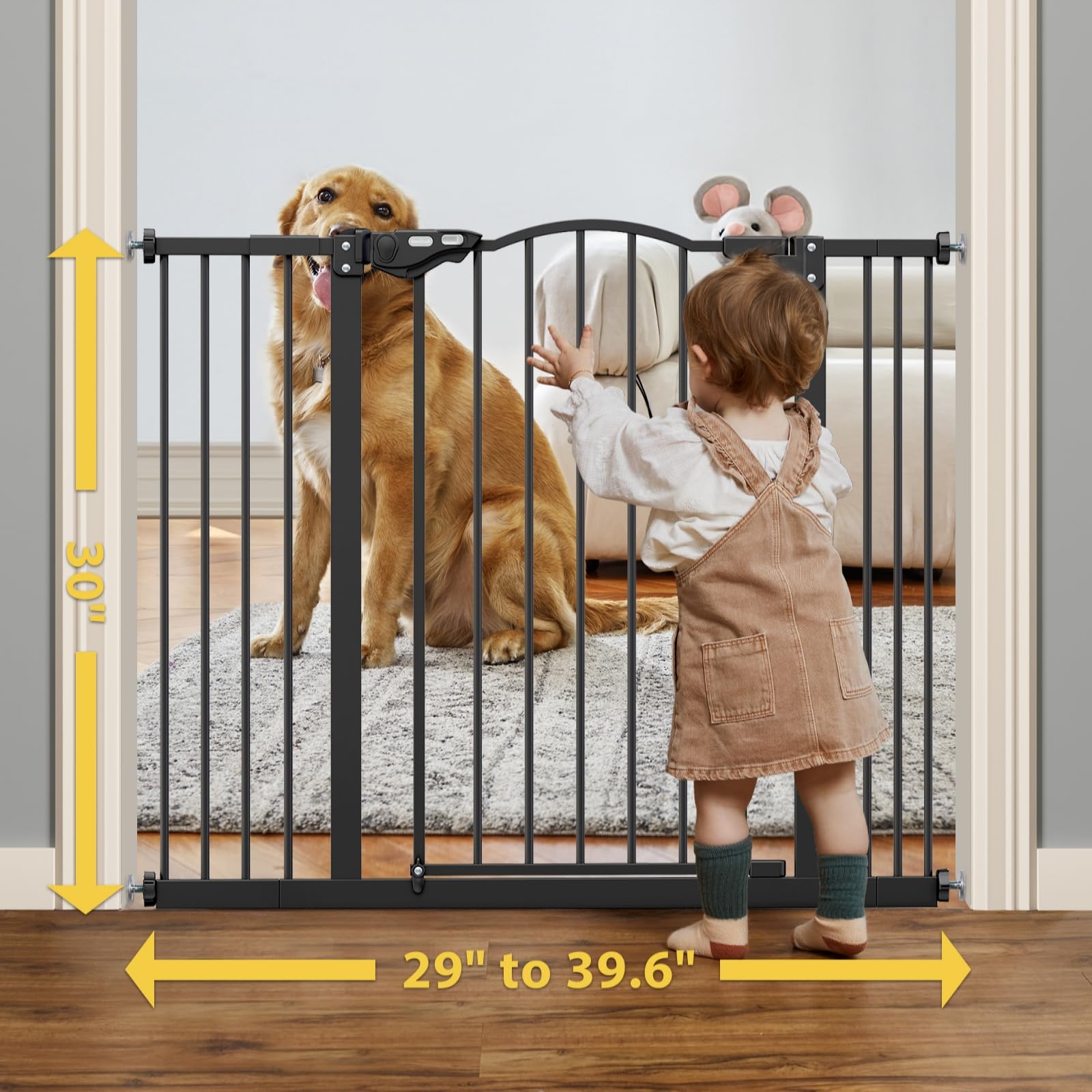 Innotruth 29-39.6” Baby Gate For Stairs & Doorways, 30' Tall Dog Gate For Pets, Dual-Lock Safety And One Hand Opening Design, Pet Gate For Hallways, Outdoors, Wall-Friendly Install, Pure Black