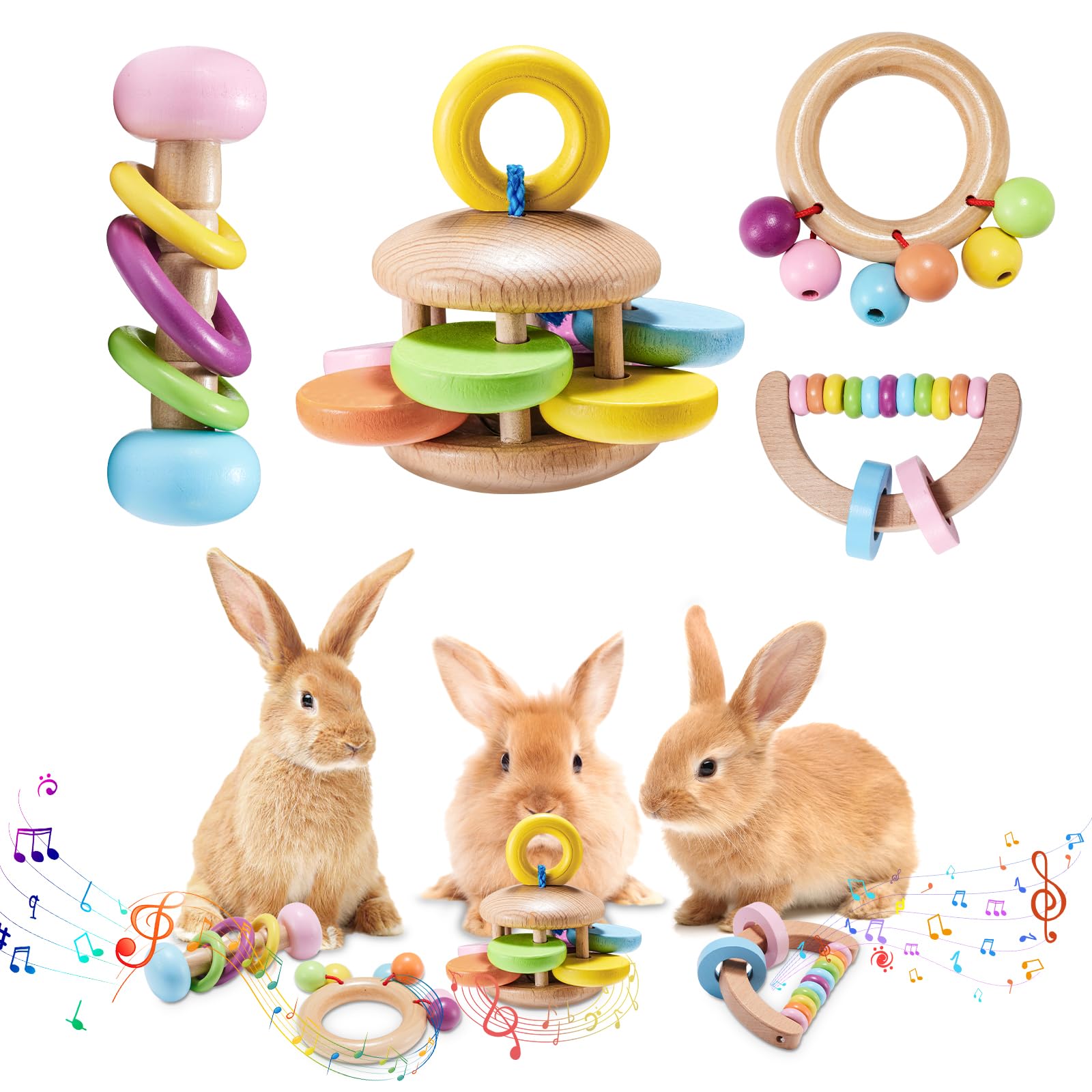 AOWPFVV 4 Pcs Wooden Bunny Toys - Safe Rabbit & Guinea Pigs Teeth Grinding Toys for Chinchillas, Hamsters & Small Animals - Indo