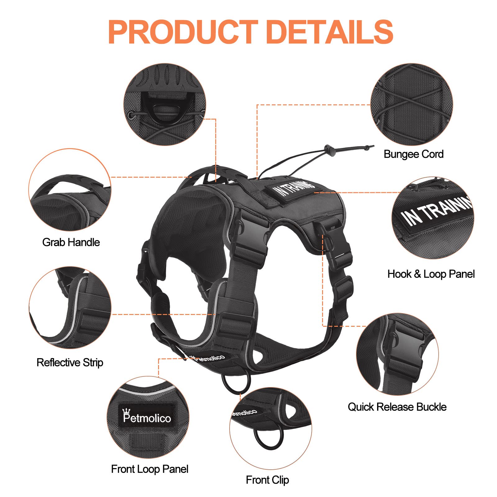 Petmolico Tactical Dog Harness with Leash, No Pull Dog Harness with Hook and Loop Panels for Hiking Training Military Service Do