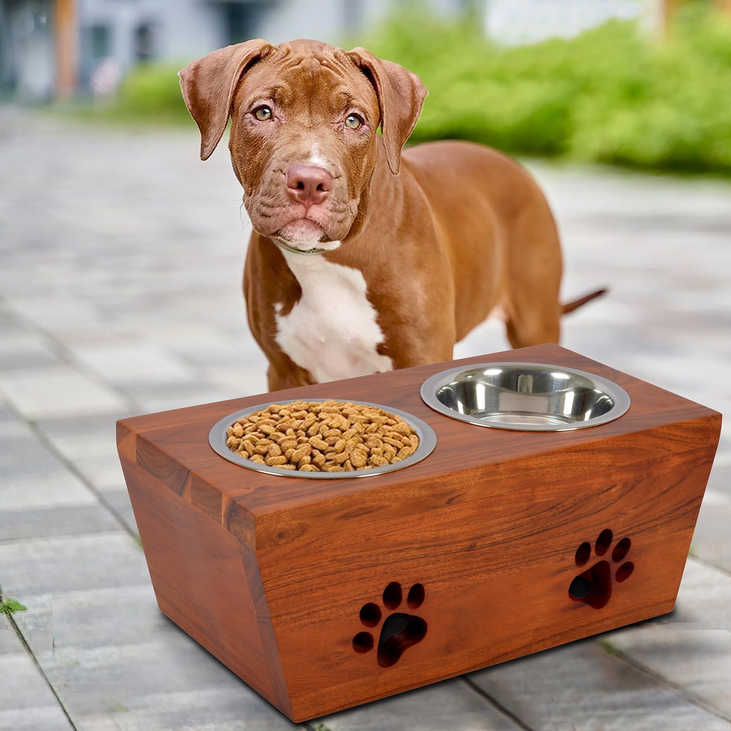 Pure Souls Jasper Pet Feeder, Natural Acacia Wood Feeders Stand, Elevated Dog Bowls 1250 Ml, Food Water Diner, Durable Double Bo