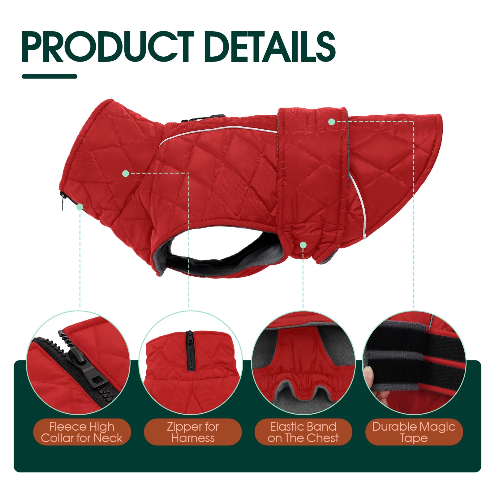 Kuoser Dog Coat, Extra Warm Dog Jacket Windproof Dog Cold Weather Coats for Large Dogs, Fleece Lining Turtleneck Dog Snowsuit Re
