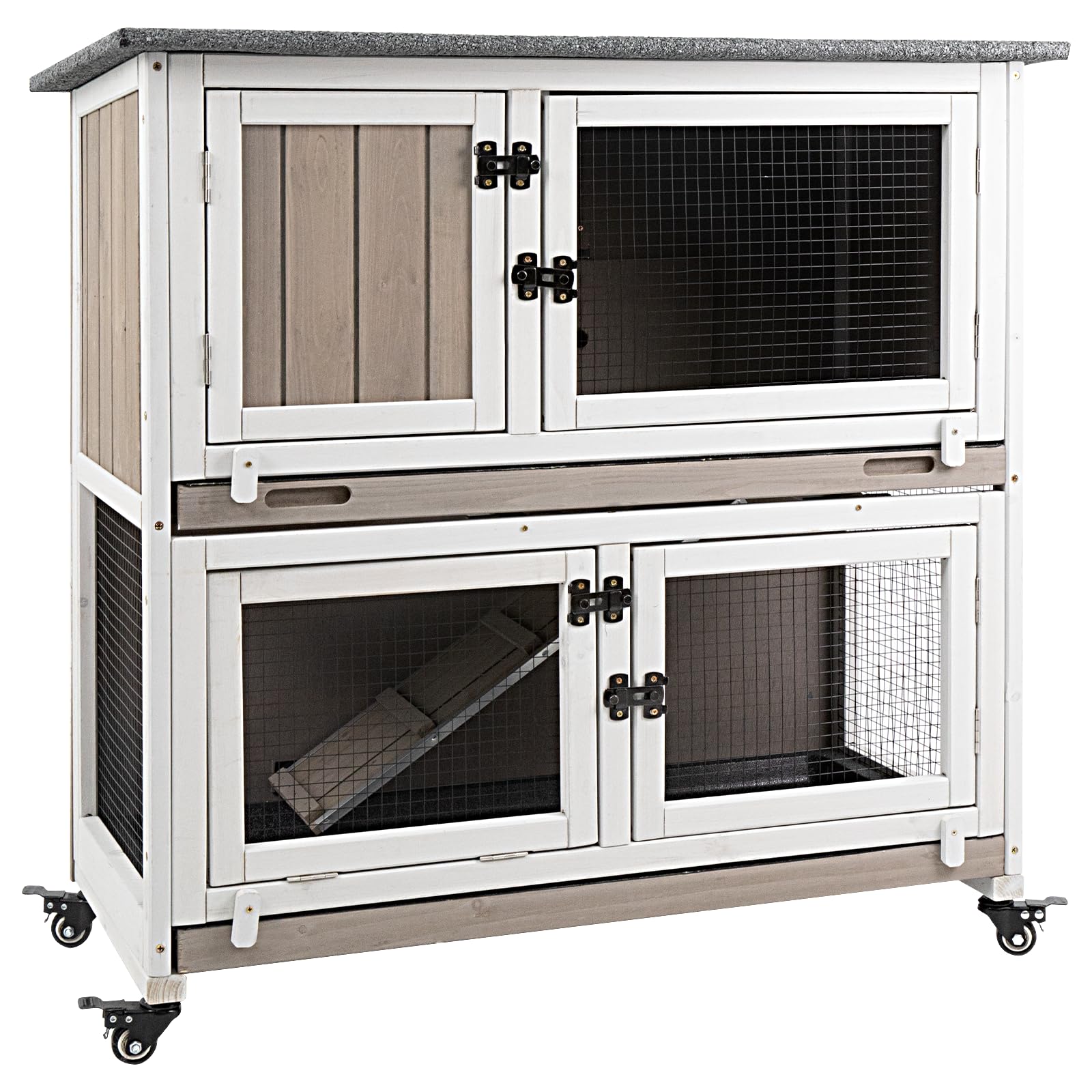 Gowoodhut 36' L Rabbit Hutch Indoor Wooden 2 Story Bunny Hutch Rabbit Cage Outdoor Bunny Cage On 4 Metal Wheels And 2 Deeper Pu
