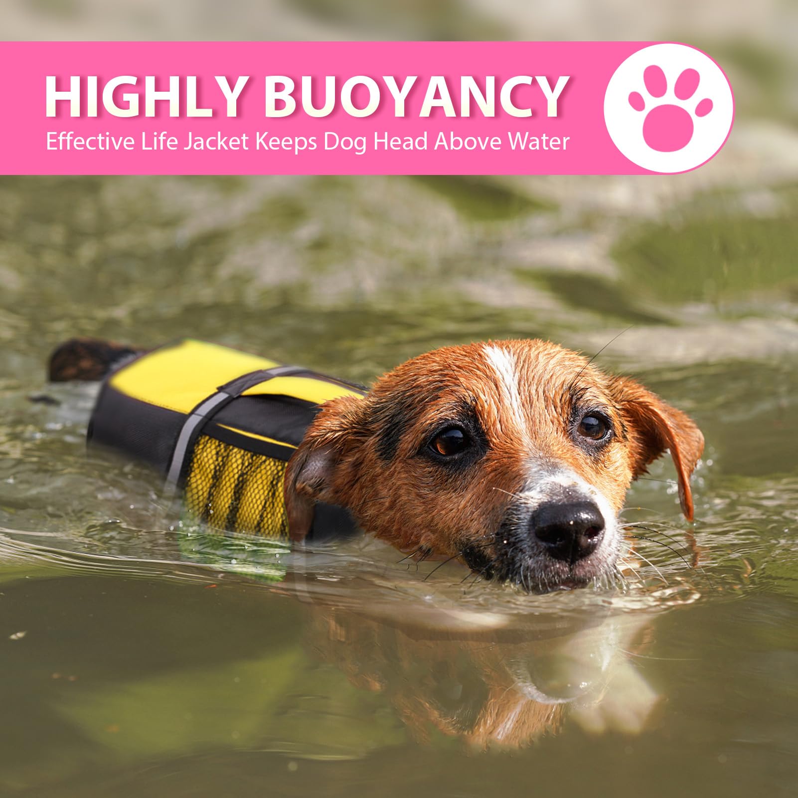 Queenmore Dog Life Jacket Lifesaver Preserver High Buoyancy With Emergency Grab Handle For Small & Medium Dogs Brightyellow, Lar