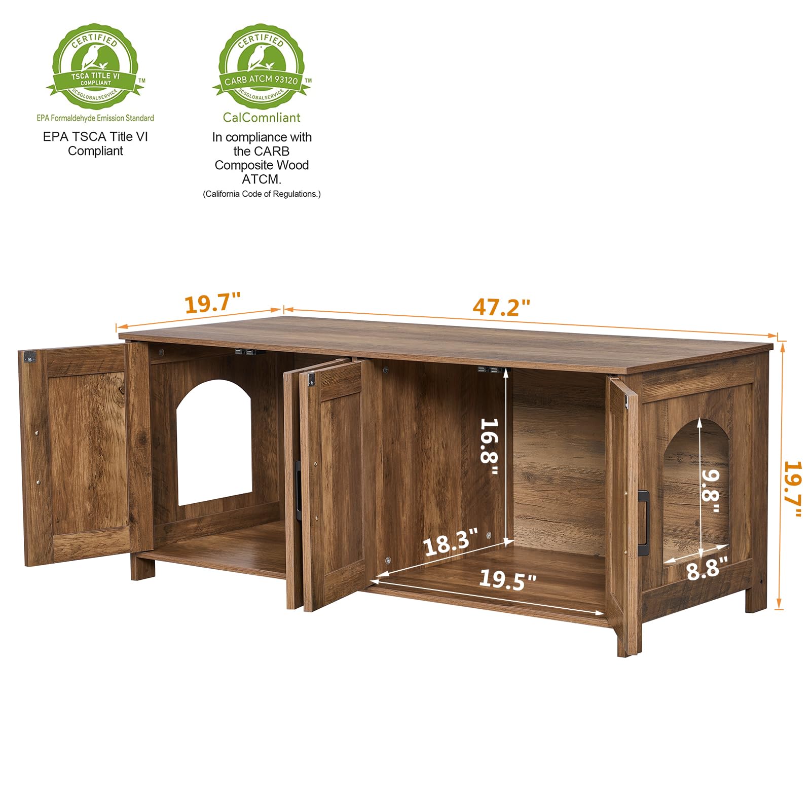 Homhedy Cat Litter Box Enclosure For 2 Cats, Wooden Pet Washroom Furniture With Double Room, Cat House, 47.2   L X 19.7   W X 19