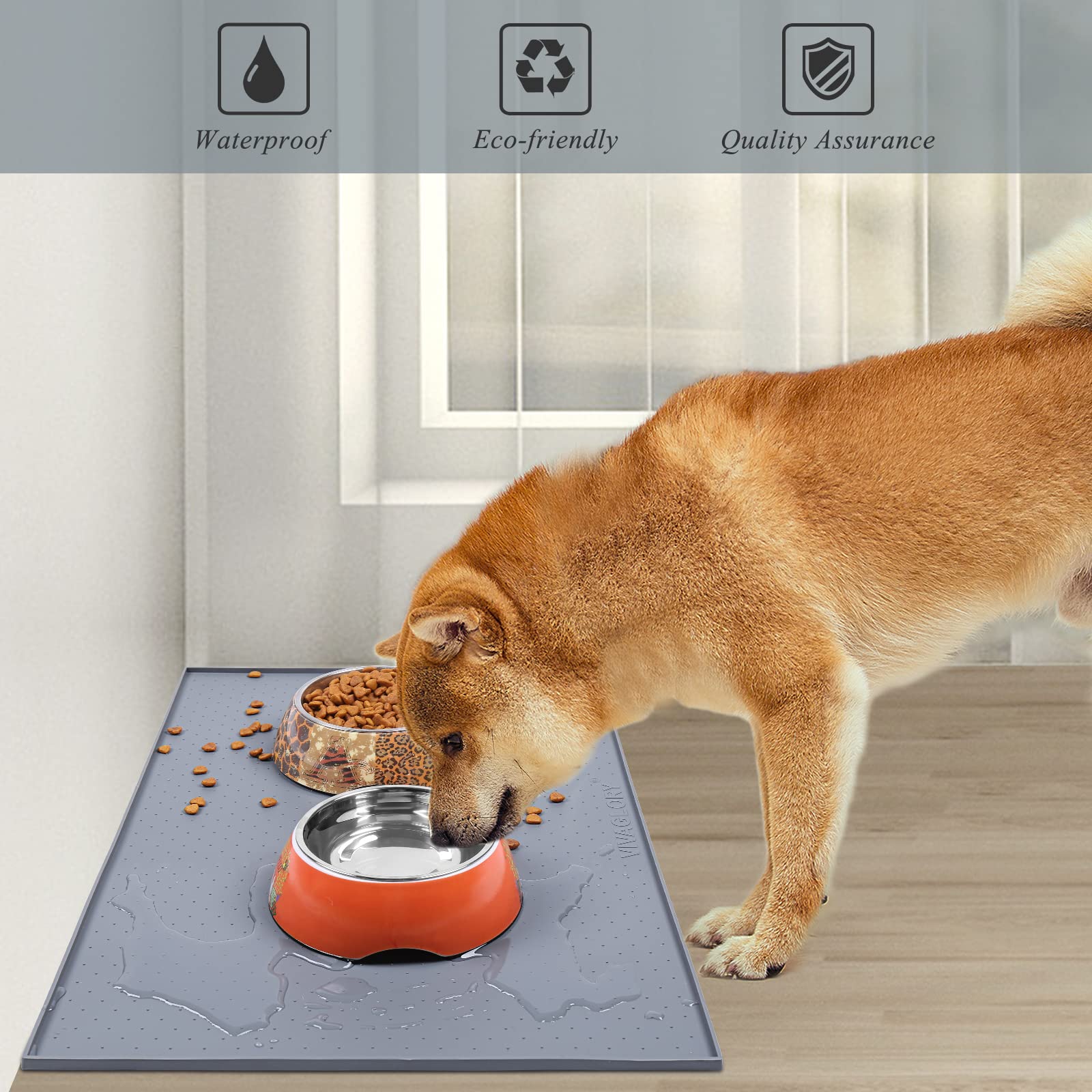 VIVAGLORY Dog Food Mat, Cat Dog Feeding Mat, Waterproof Non-Slip Food Grade Silicone Mat Placemat with Raised Edge, Anti-Messy P