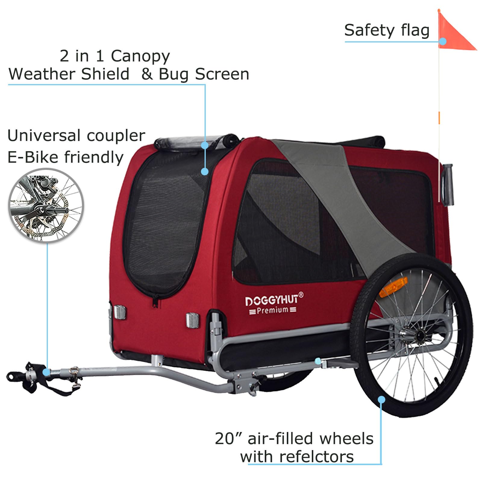 Doggyhut Premium Pet Bike Trailer & Stroller For Small,Medium Or Large Dogs,Bicycle Trailer For Dogs Up To 100 Lbs (Red, Xl)