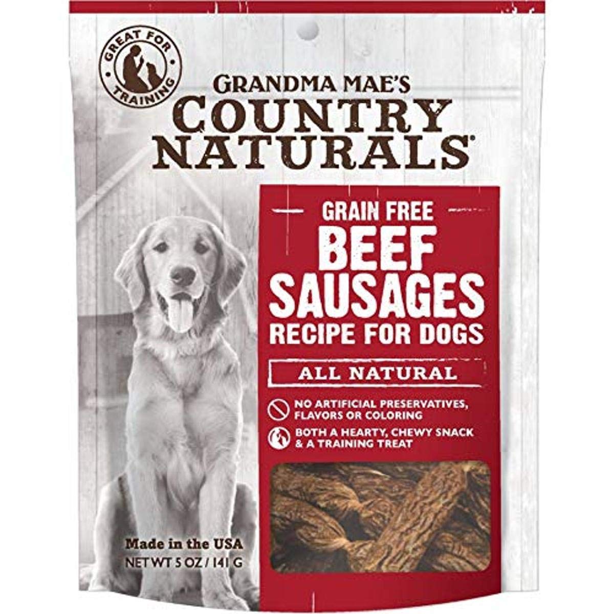 Grandma Maes Country Naturals Grain Free Beef Sausages Chewy Dog Treats, 5 Ounces