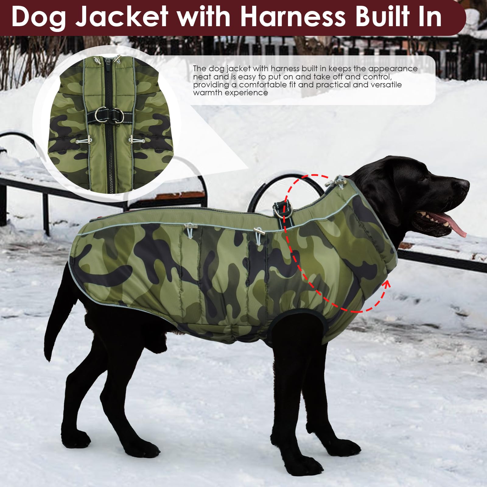 IKIPUKO Dog Coat - Warm Zip Up Snowsuit for Large Dogs, Reflective, Water-Resistant, Camouflage