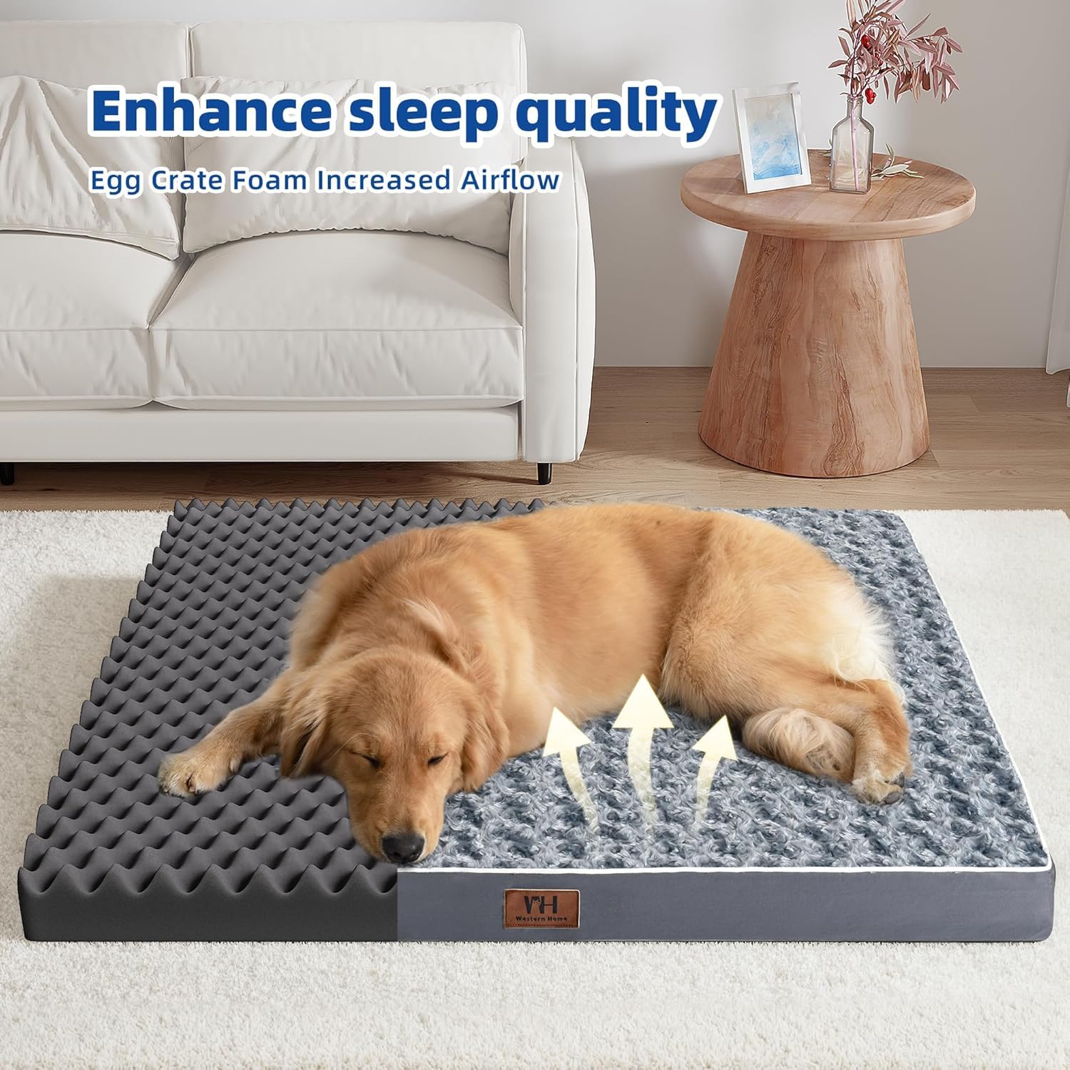 Western Home Wh Large Dog Bed For Large Dogs, Dog Beds Large Sized Dog With Soft Rose Plush Removable Washable Cover, Orthopedic Egg Crate Foam Support And Non-Slip Bottom, Waterproof Pet Bed Mat