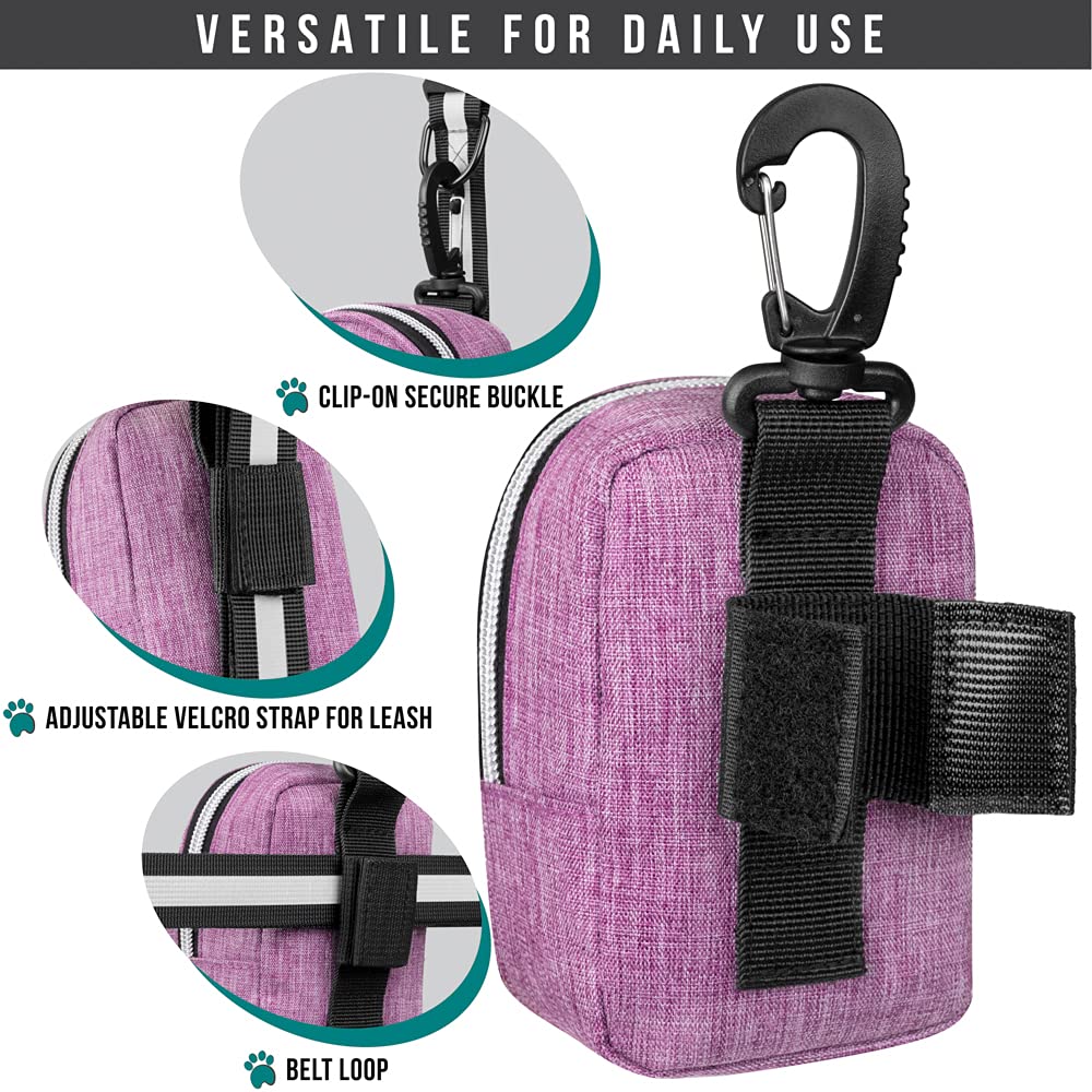 Petami Dog Poop Bag Holder | Dog Waste Bag Dispenser With Clip For Leash And Belt | Portable Fabric Doggy Waste Bag Holder For Walking Hiking Running Travel - With One Roll Of Dog Bag (Heather Purple)