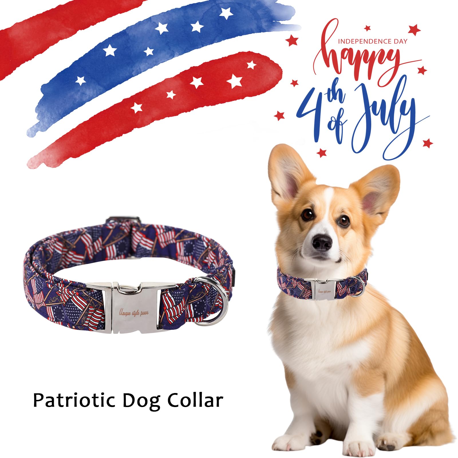 Patriotic Dog Collar, Unique Style Paws 4Th Of July Dog Collar, Blue American Stars Puppy Collar Adjustable Independence Day Col
