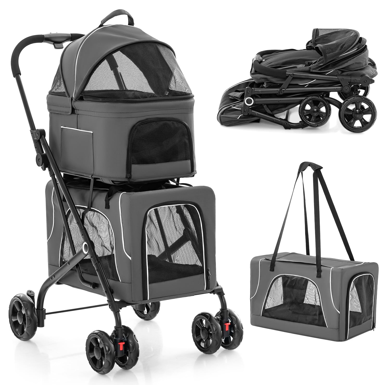 PETSITE Double Dog Stroller, Foldable 3-in-1 4 Wheels Cat Stroller with 2 Detachable Carriers, Safety Belt, Washable Cover, Remo