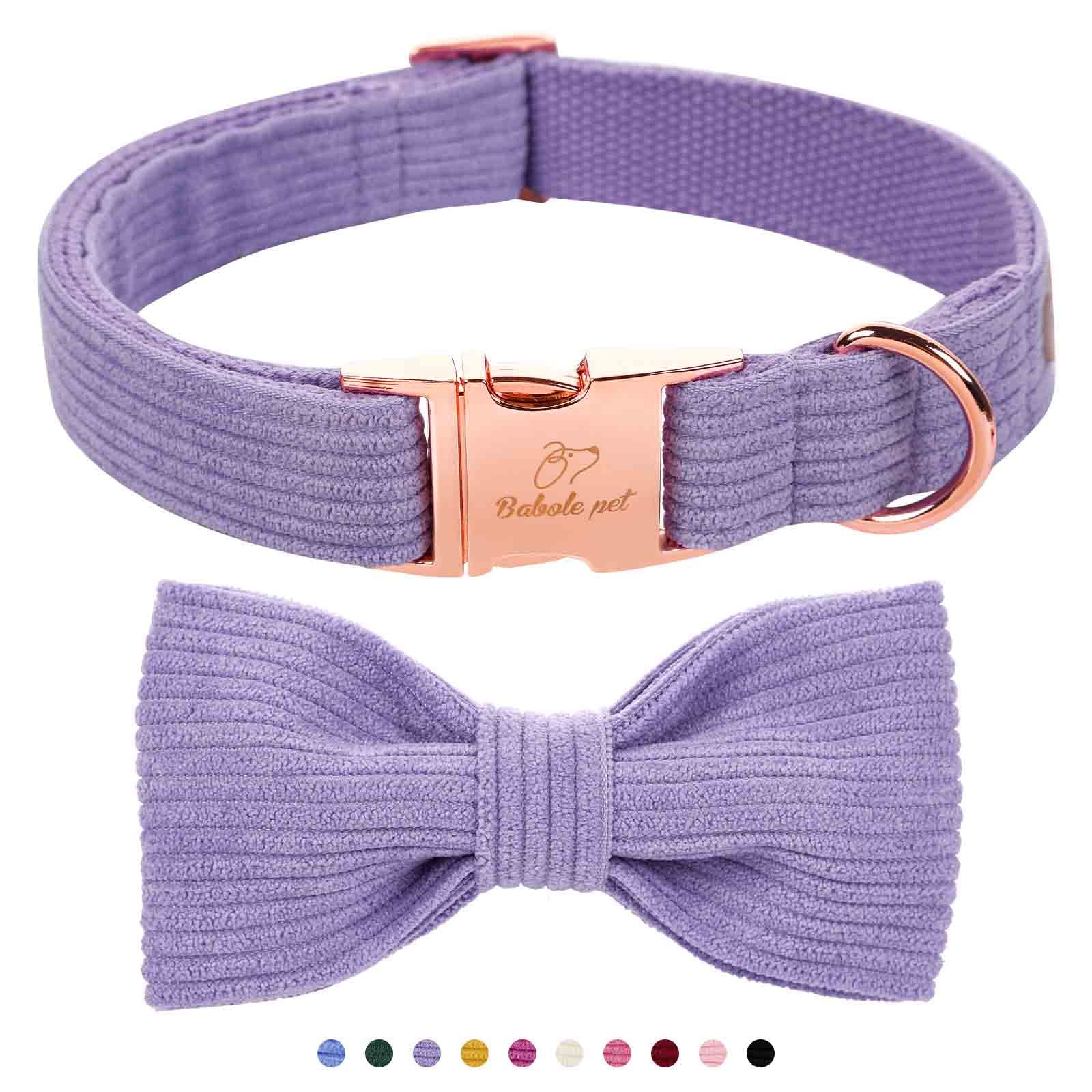 Babole Pet Lavender Dog Collars for Large Dog,Cute Corduroy Dog Collar with Bow Tie Safety Metal Buckle Adjustable Puppy Collars