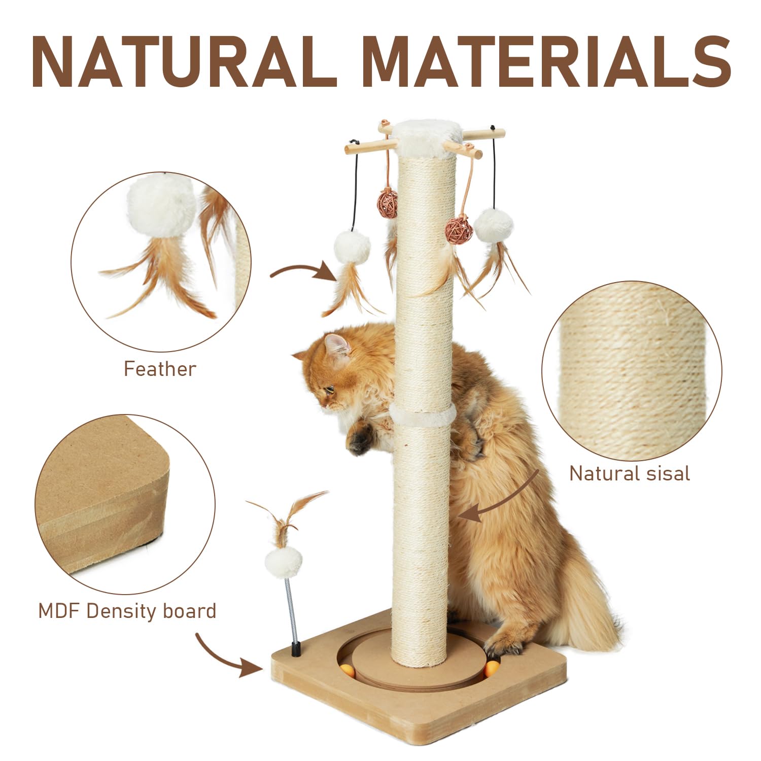 Peekab Cat Scratching Post 33 Inches Tall Large Sisal Scratch Posts With Track Ball Toys For Indoor Cats And Kittens,Vertical Sc