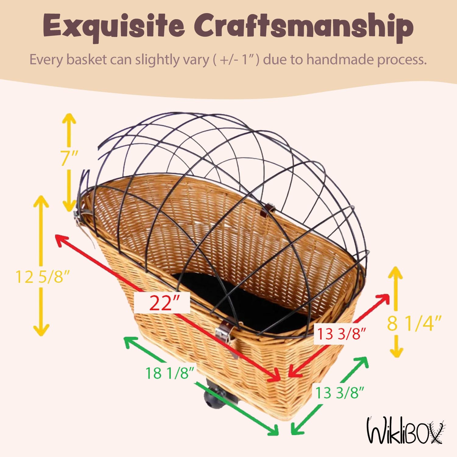 Wiklibox Natural Wicker Dog Bike Basket - 100% Organic Rattan Pet Carrier With Protective Grille - Eco Friendly Design - Soft Co