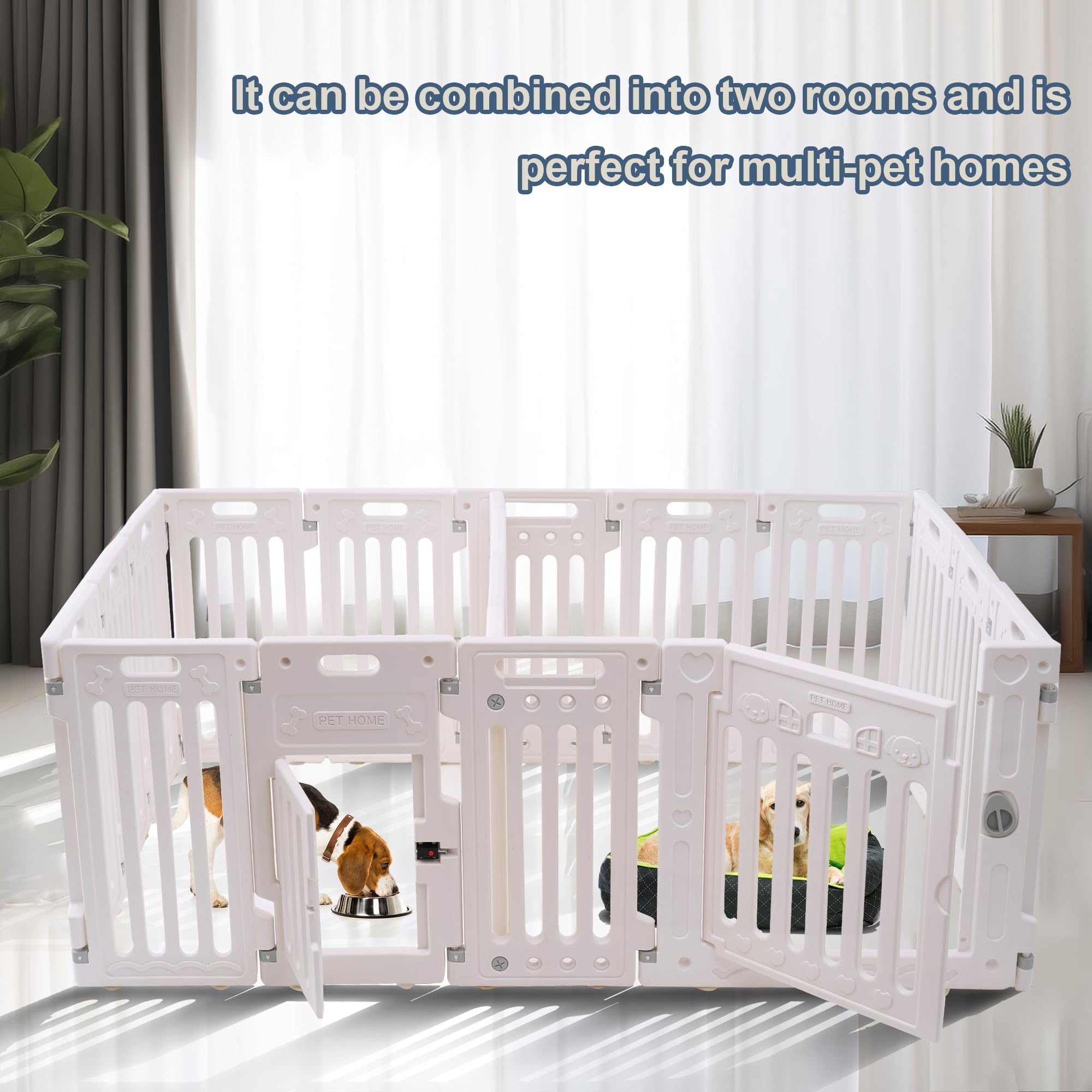 Aoole 2 Room Dog Playpen with Door, 16-Panel, 25.5" H, White, Easy to Assemble, Non-Slip Pet Gate